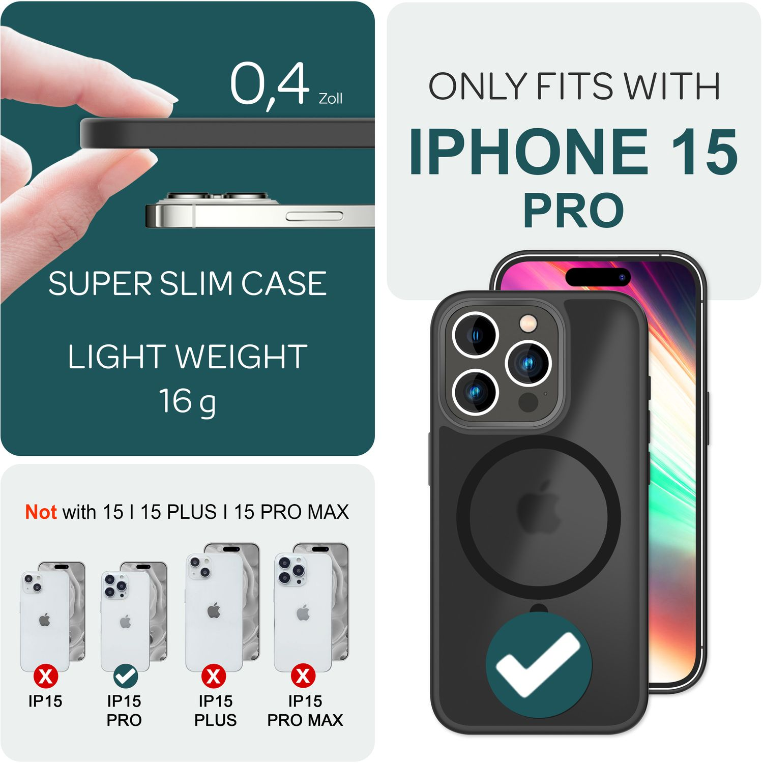 iPhone 15 Pro Hülle mit Text und Grafiken. Weißer Hintergrund. Draufsicht.
