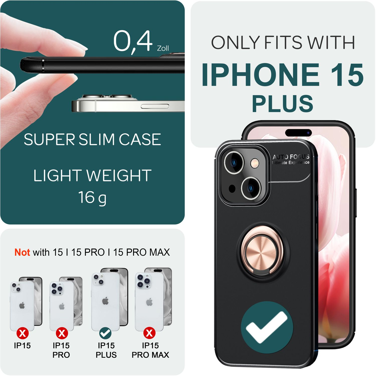 Una funda para teléfono con un iPhone 15 Plus y una tabla comparativa.