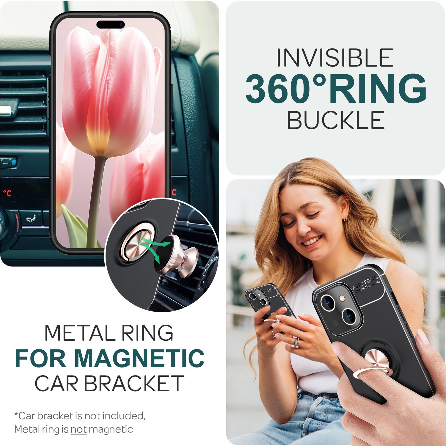 Un teléfono en una funda negra con un anillo metálico y un interior de coche. Texto: 'Anillo metálico para soporte magnético para coche'.