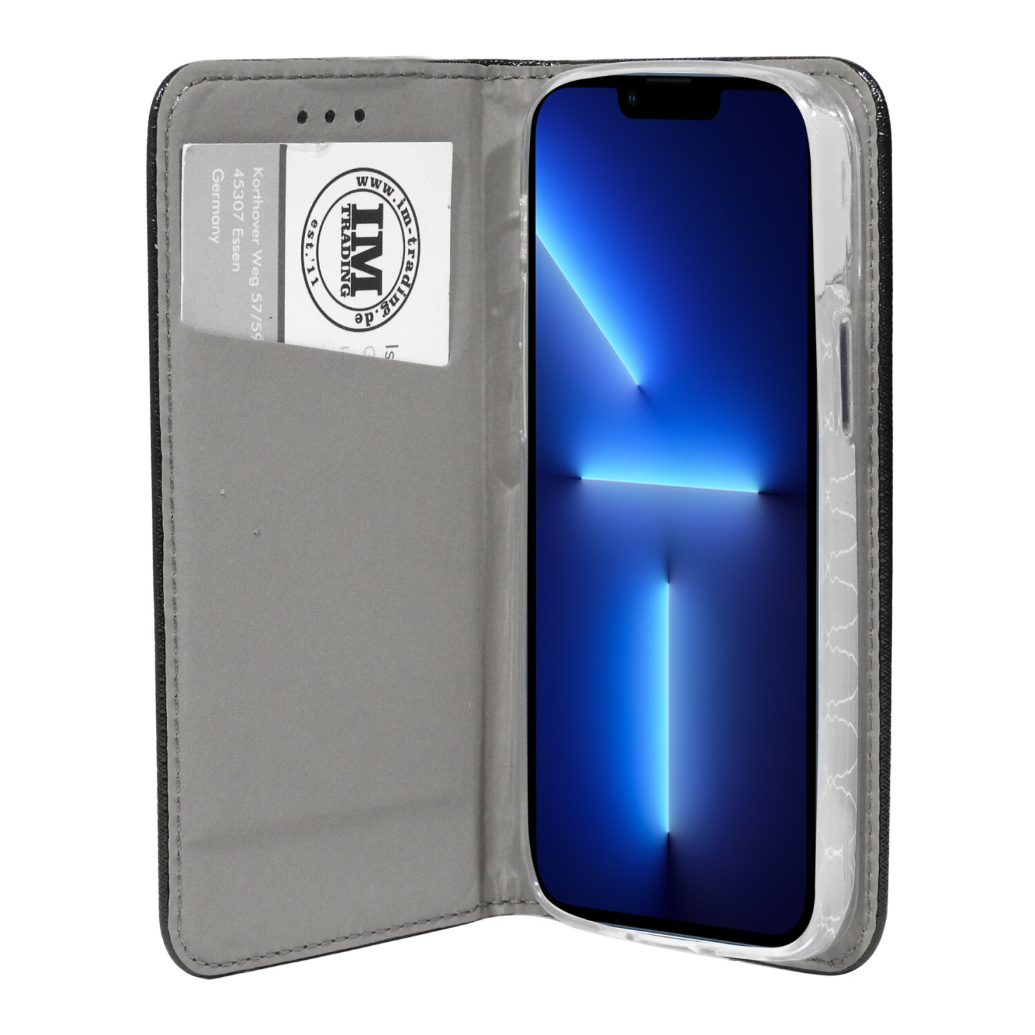 Geöffnete Handyhülle mit Telefon darin. Der Bildschirm zeigt einen blau-weißen Farbverlauf.