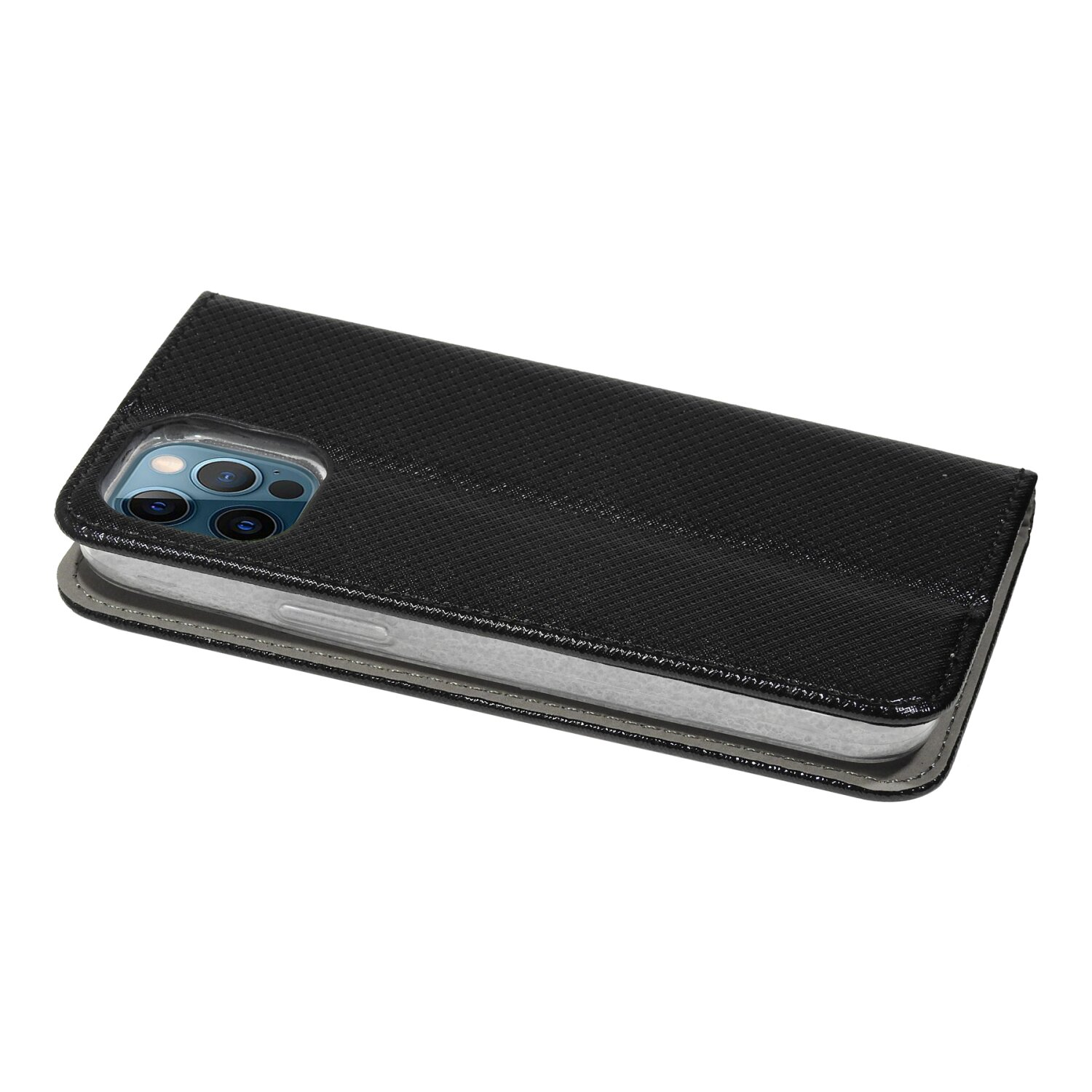 Eine schwarze Handyhülle, offen, mit einem Handy im Inneren. Die Hülle hat eine strukturierte Oberfläche.
