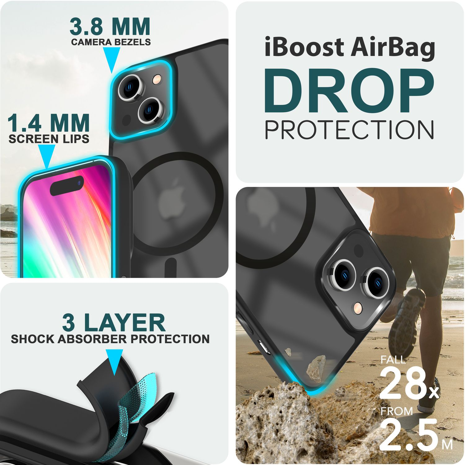 Coque de téléphone montrant les protections contre les chutes, l'écran est visible.