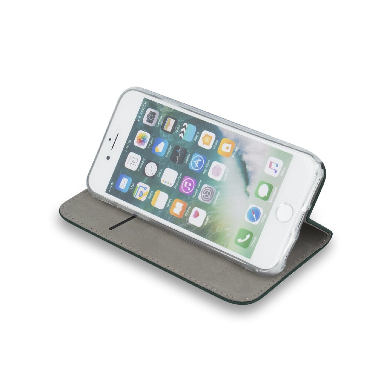 Weißes iPhone in klarer Hülle auf geöffneter grüner Handyhülle, weißer Hintergrund.