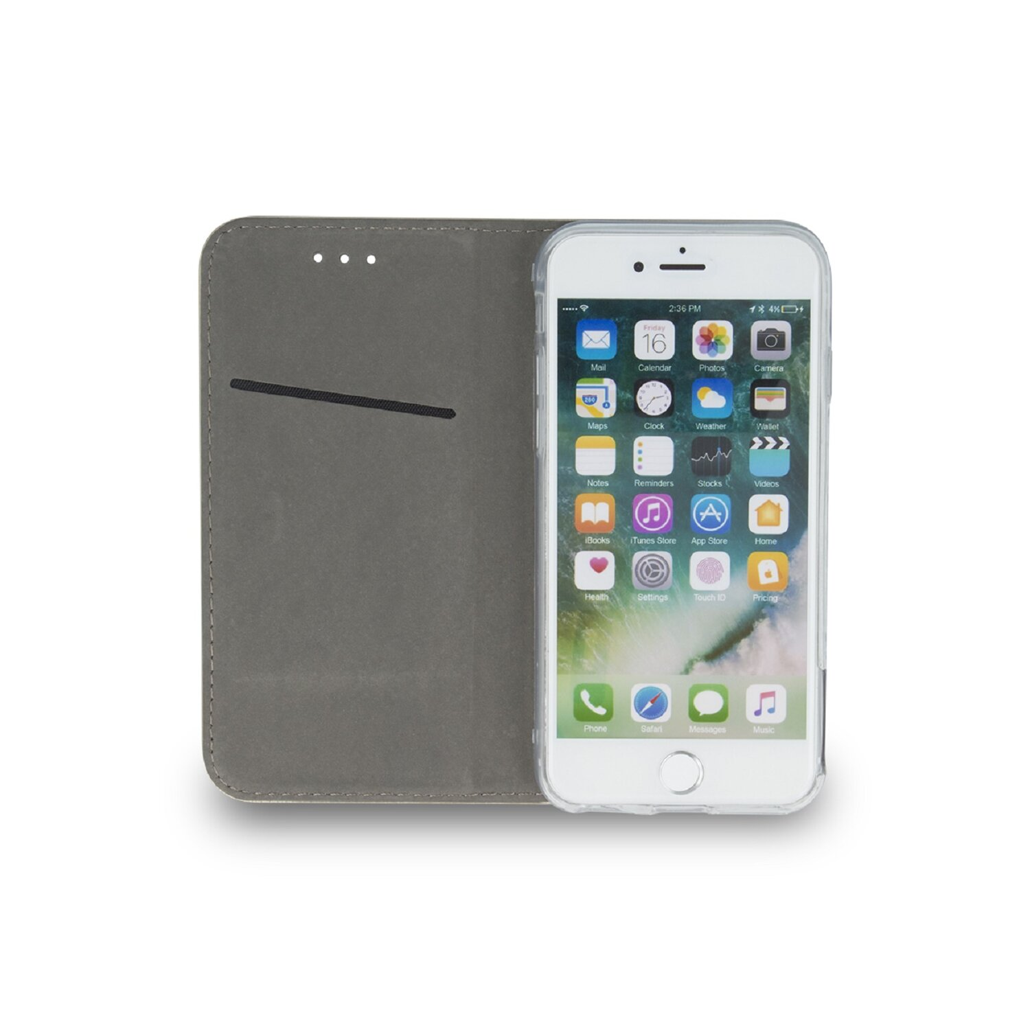 Ein iPhone in weißer Hülle in einem geöffneten grauen Wallet-Case. Der Bildschirm zeigt App-Symbole.