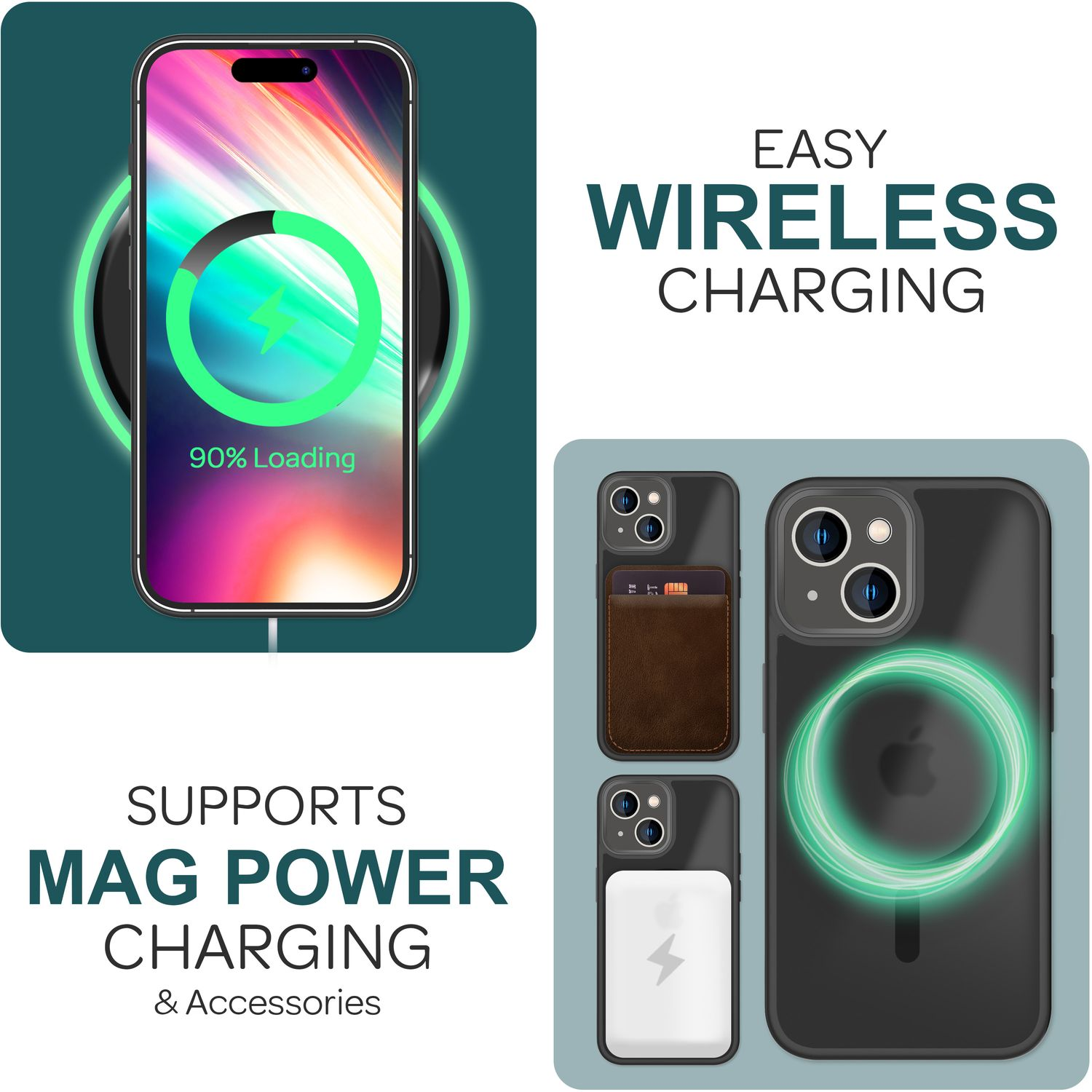 Téléphone en charge sur un chargeur sans fil. Plusieurs étuis et accessoires sont affichés.