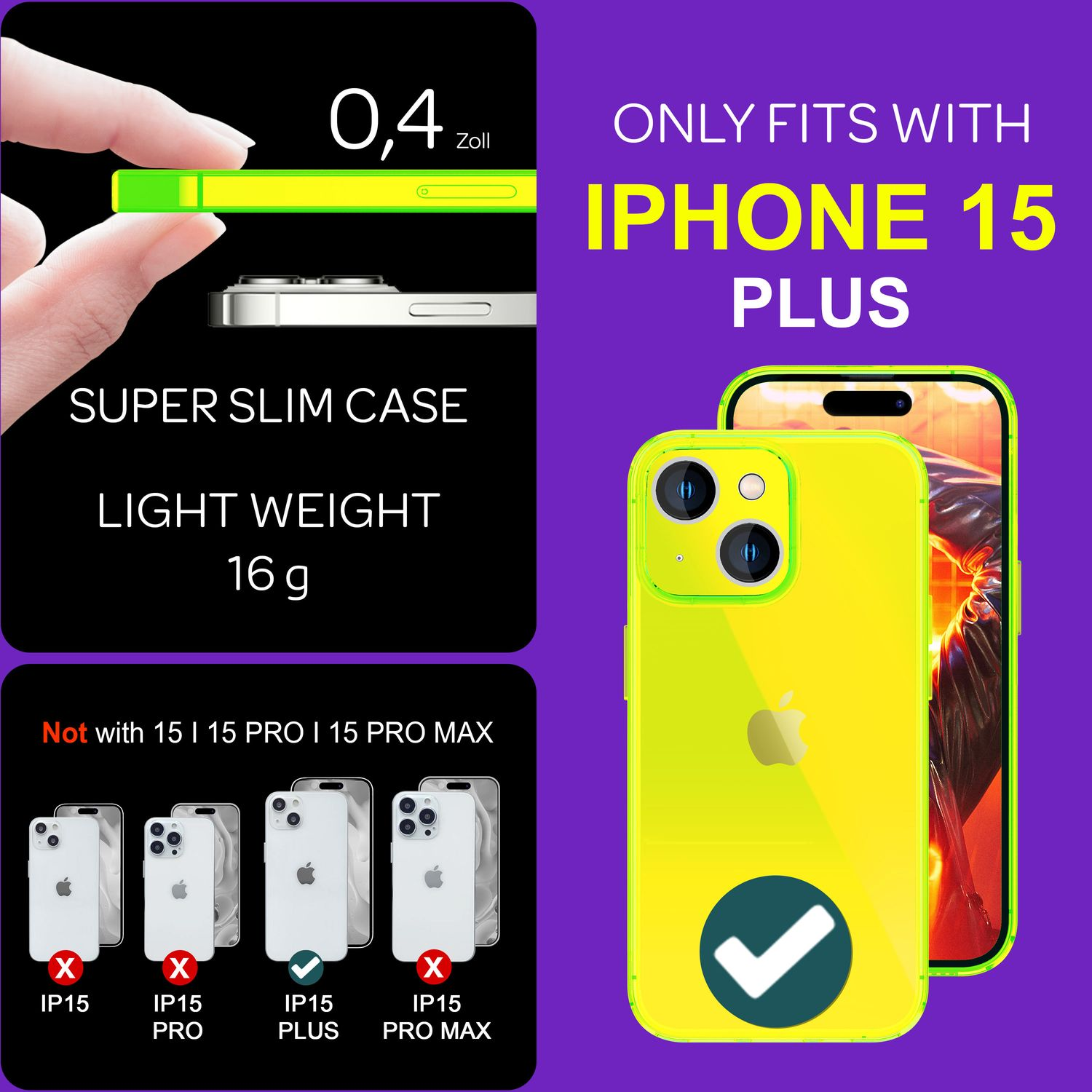 Funda amarilla para iPhone 15 Plus. Texto indica que solo para iPhone 15 Plus. Otros teléfonos tachados.
