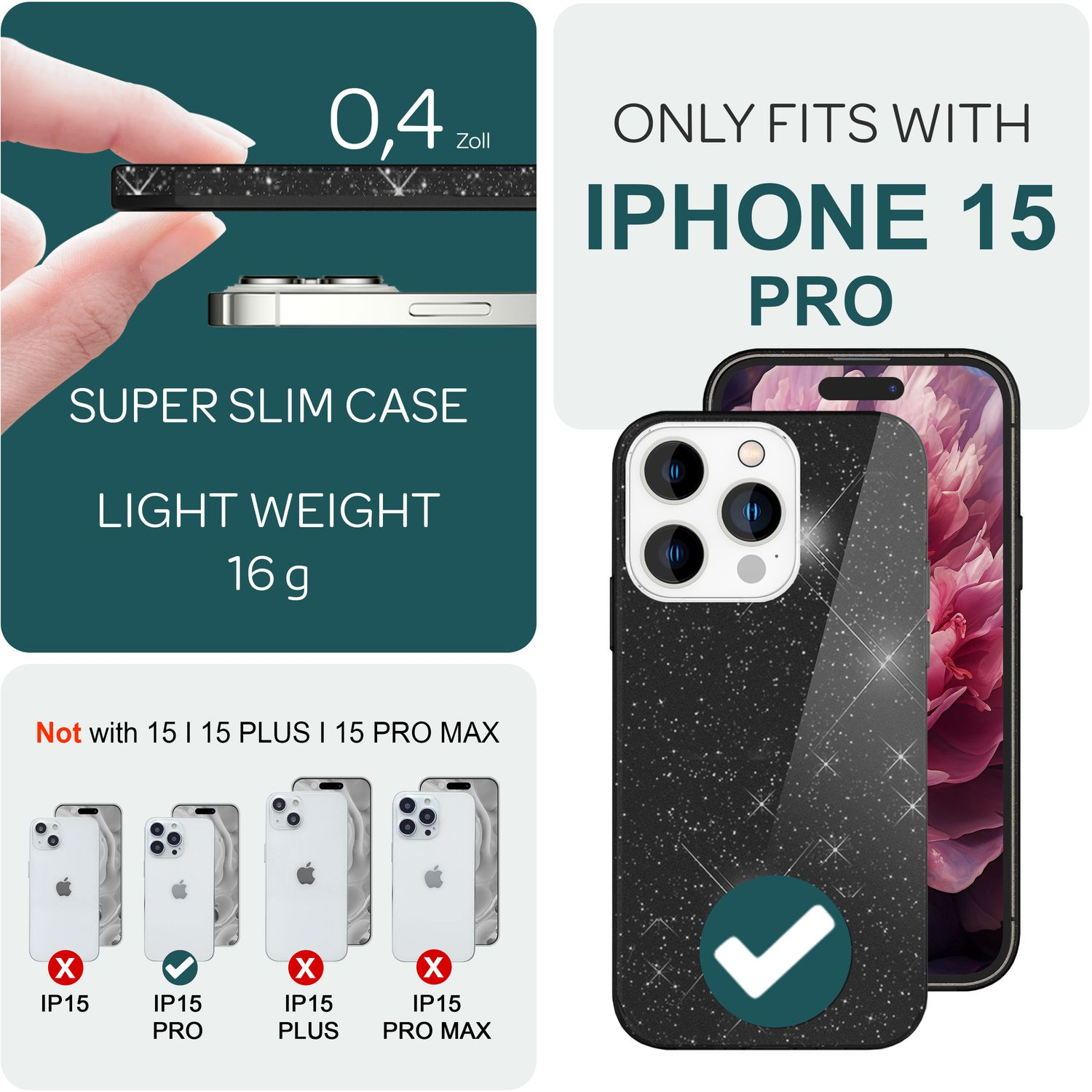 Funda negra para teléfono con purpurina, compatible con iPhone 15 Pro. Delgada, marcada: 16g, 0.4 Zoll.