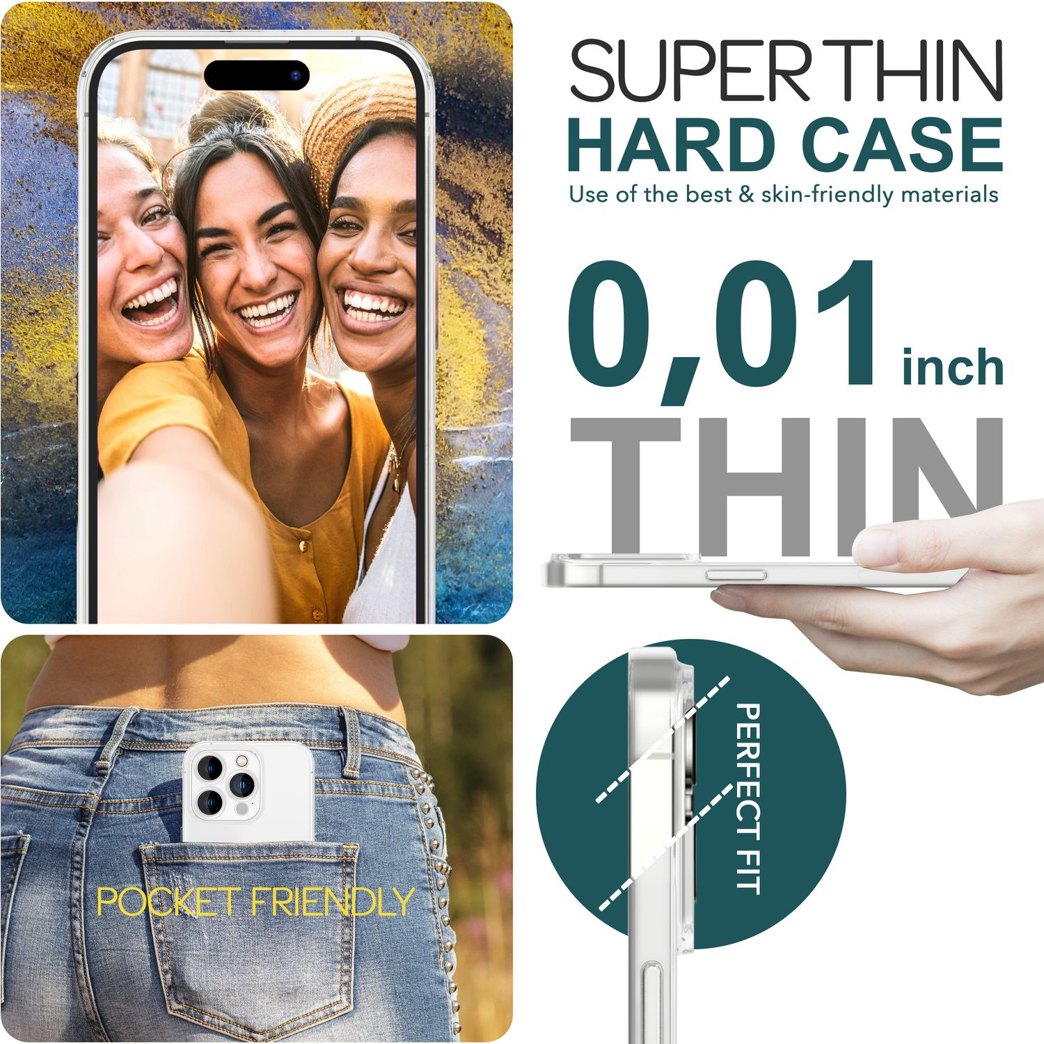 Fotos von Frauen, die ein Telefon halten, ein Telefon in der Tasche, und Text über eine dünne Hülle.