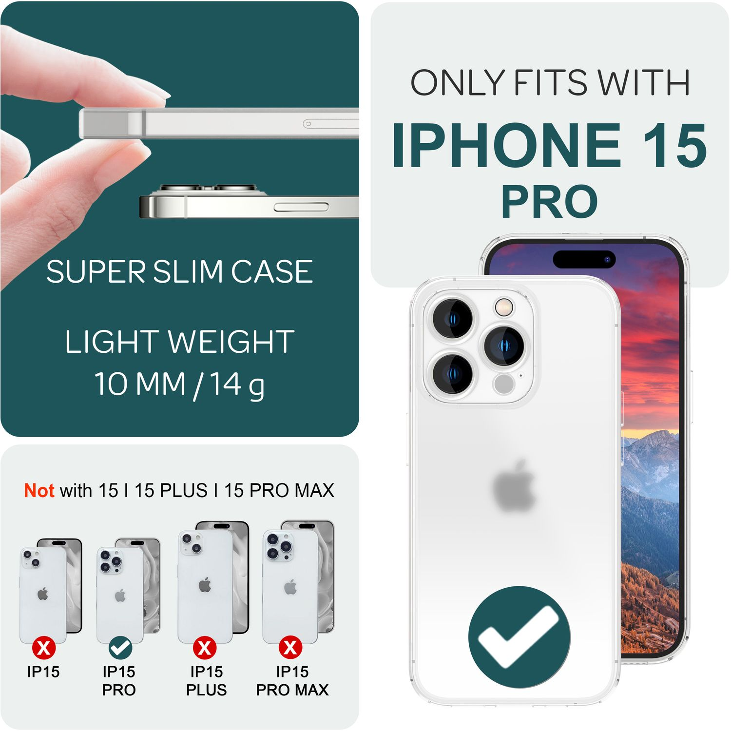 Un conjunto de fundas para teléfono. Tiene una funda transparente, un iPhone y texto, indicando compatibilidad solo con iPhone 15 Pro.