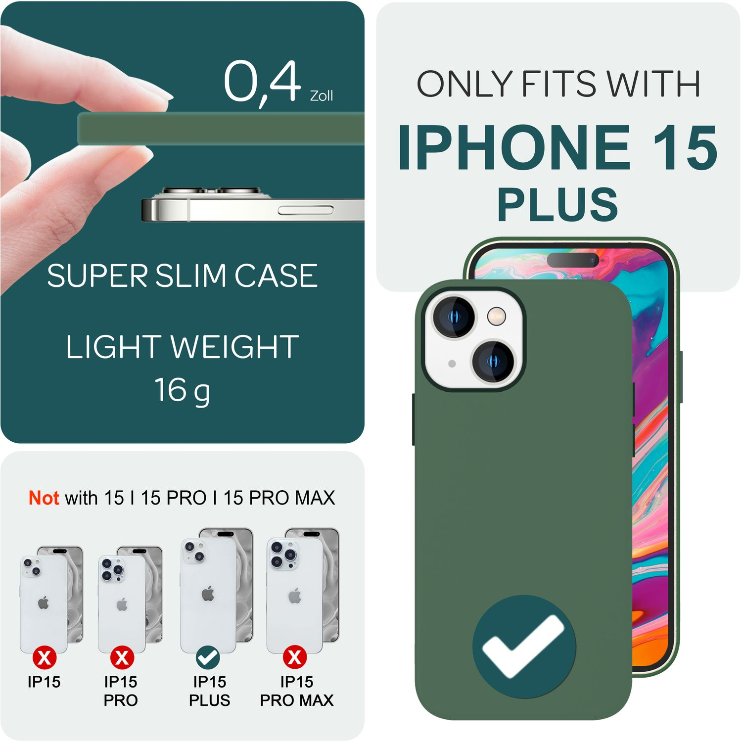 Una funda verde para teléfono, compatible con iPhone 15 Plus. Otros modelos no compatibles.