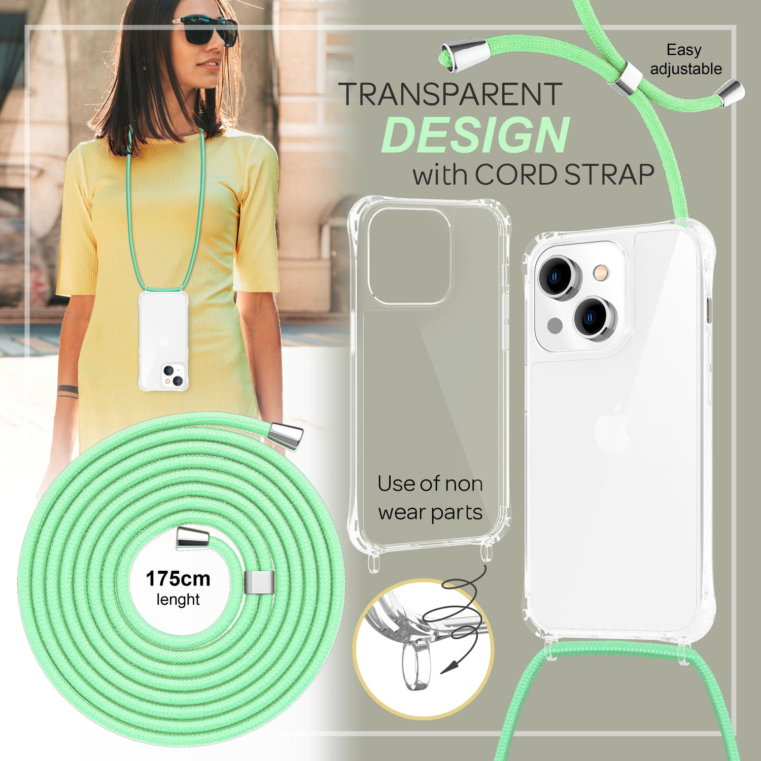 Mujer con funda de teléfono, con correa de cordón verde y diseño transparente.