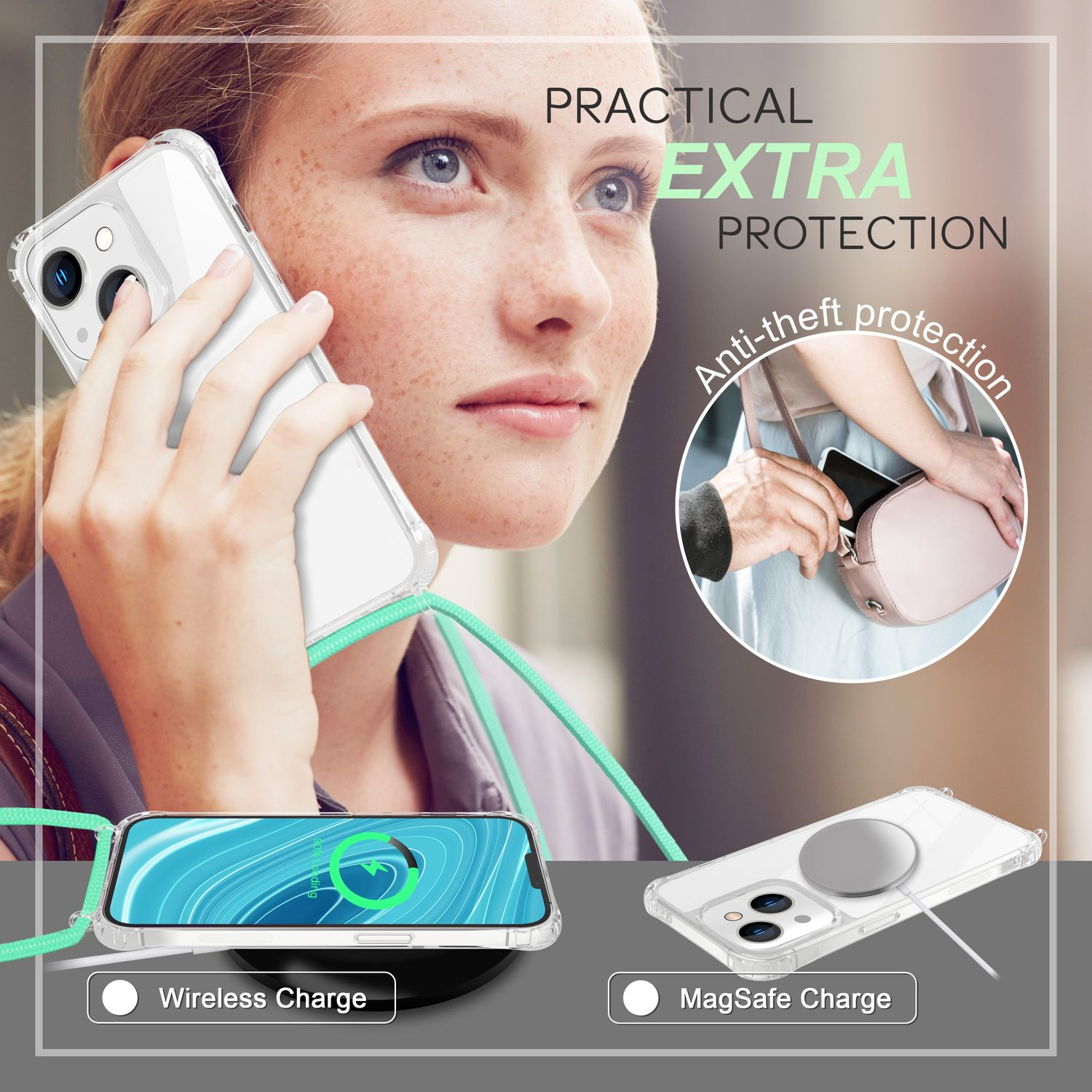 Mujer usando teléfono con funda transparente, carga inalámbrica y ejemplos de carga MagSafe.