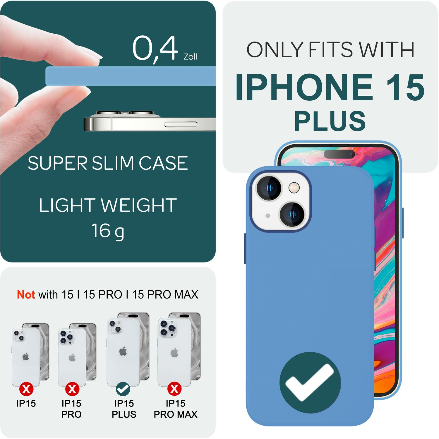 Funda azul para iPhone 15 Plus junto al teléfono. Texto, detalles y tabla de tallas.