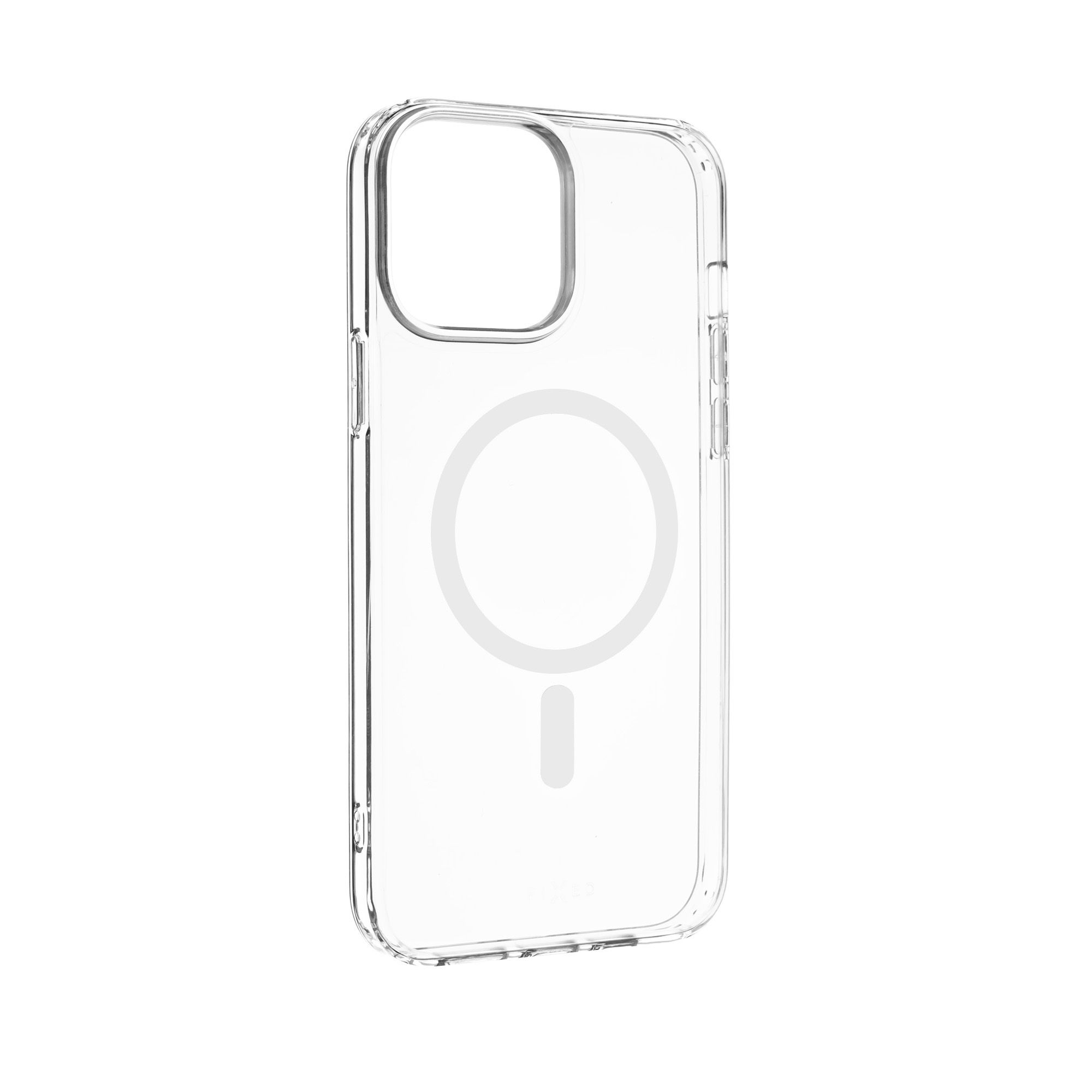 Transparente Handyhülle mit Aussparung für die Kamera. Weißer Hintergrund.