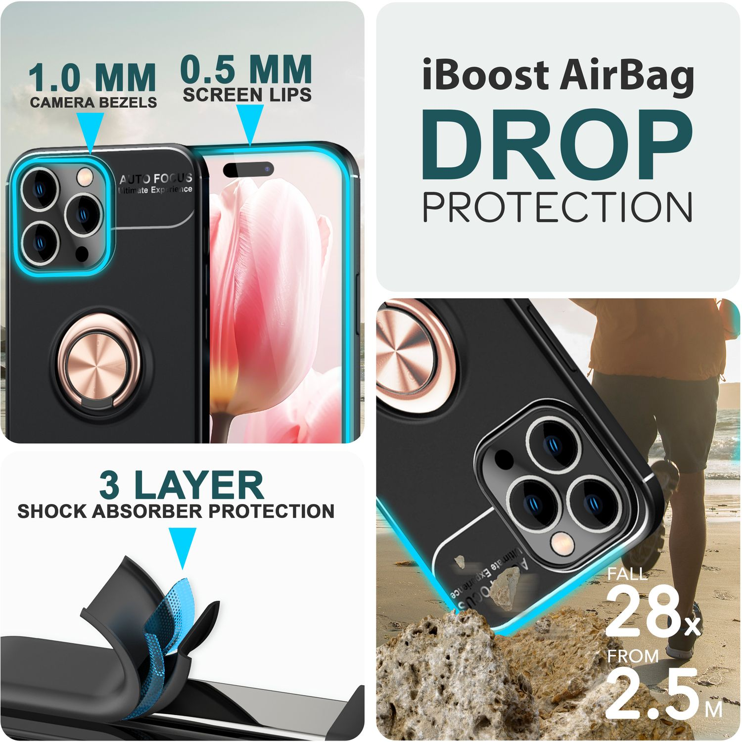 Funda de teléfono negra con protección de cámara y pantalla, detalles de la funda.
