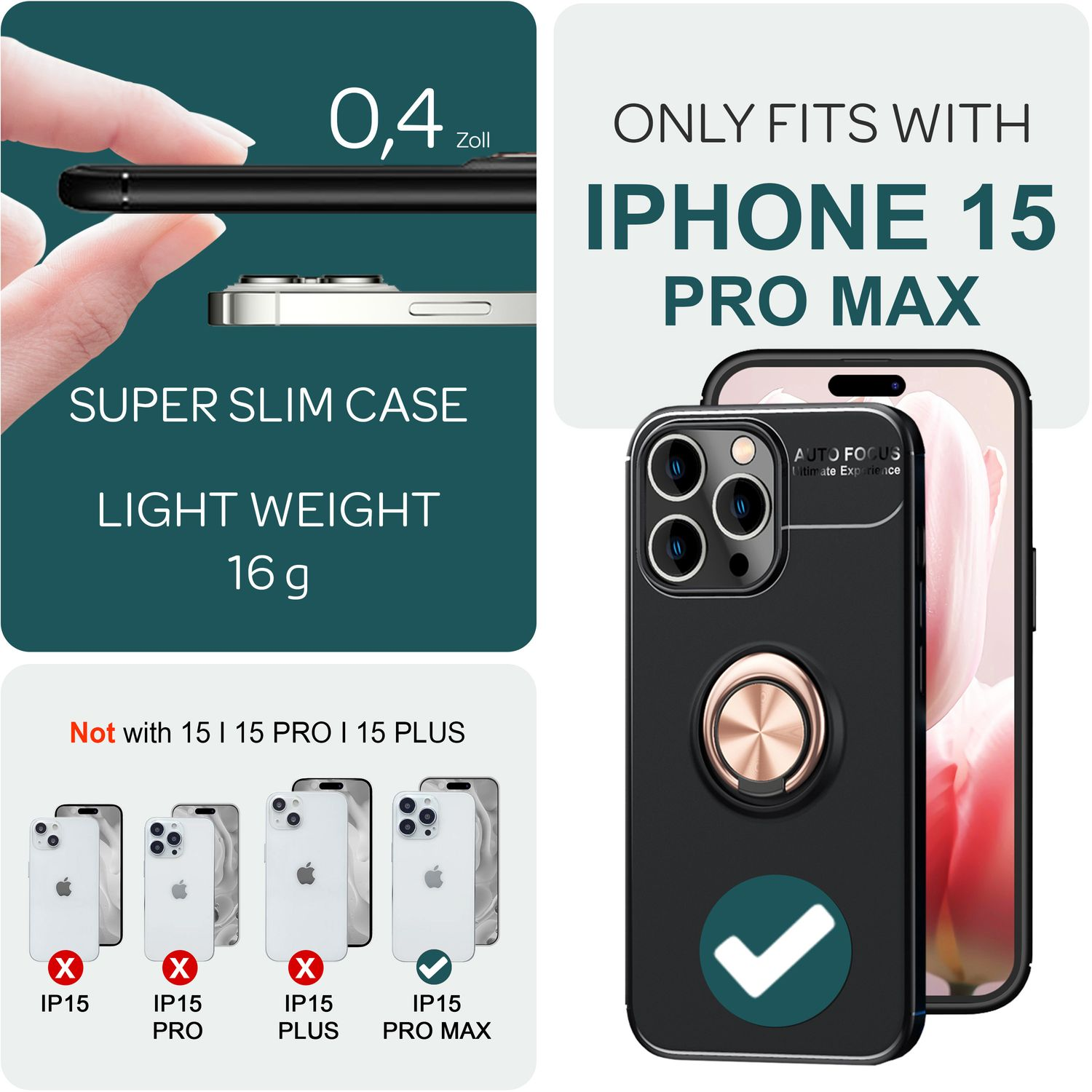 Funda negra con soporte de anillo en un teléfono, gráfico de compatibilidad.