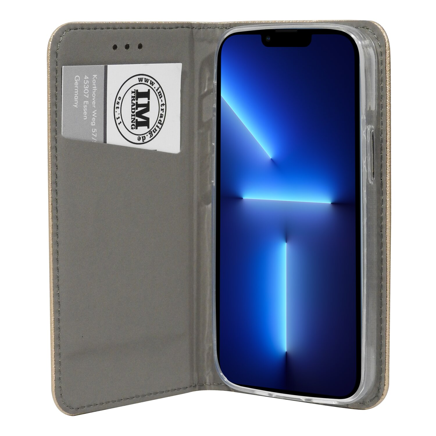 Geöffnete Handyhülle mit Telefon, das einen blauen Farbverlauf anzeigt, und Karte.