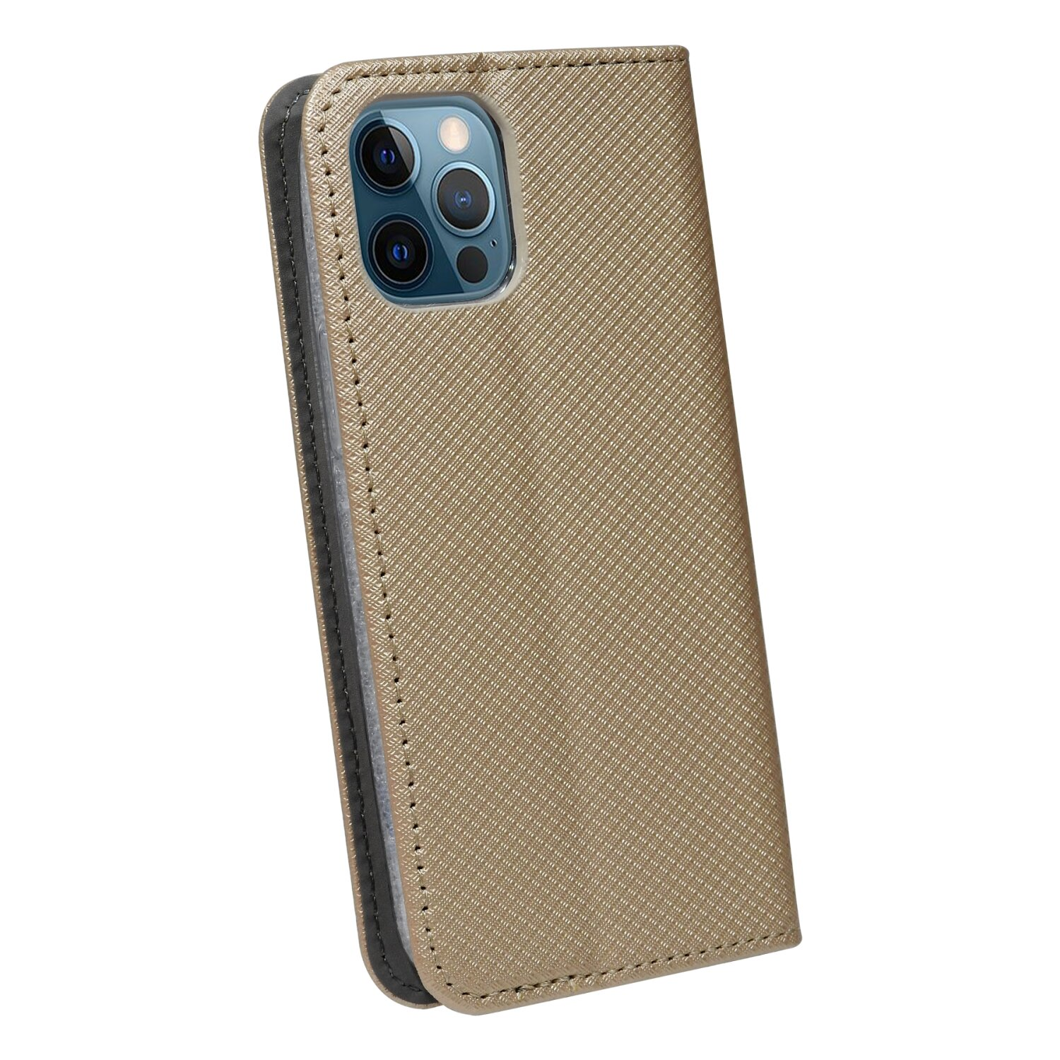 Goldene Handyhülle mit einem Telefon darin, das die Kameralinsen und die Rückseite zeigt.