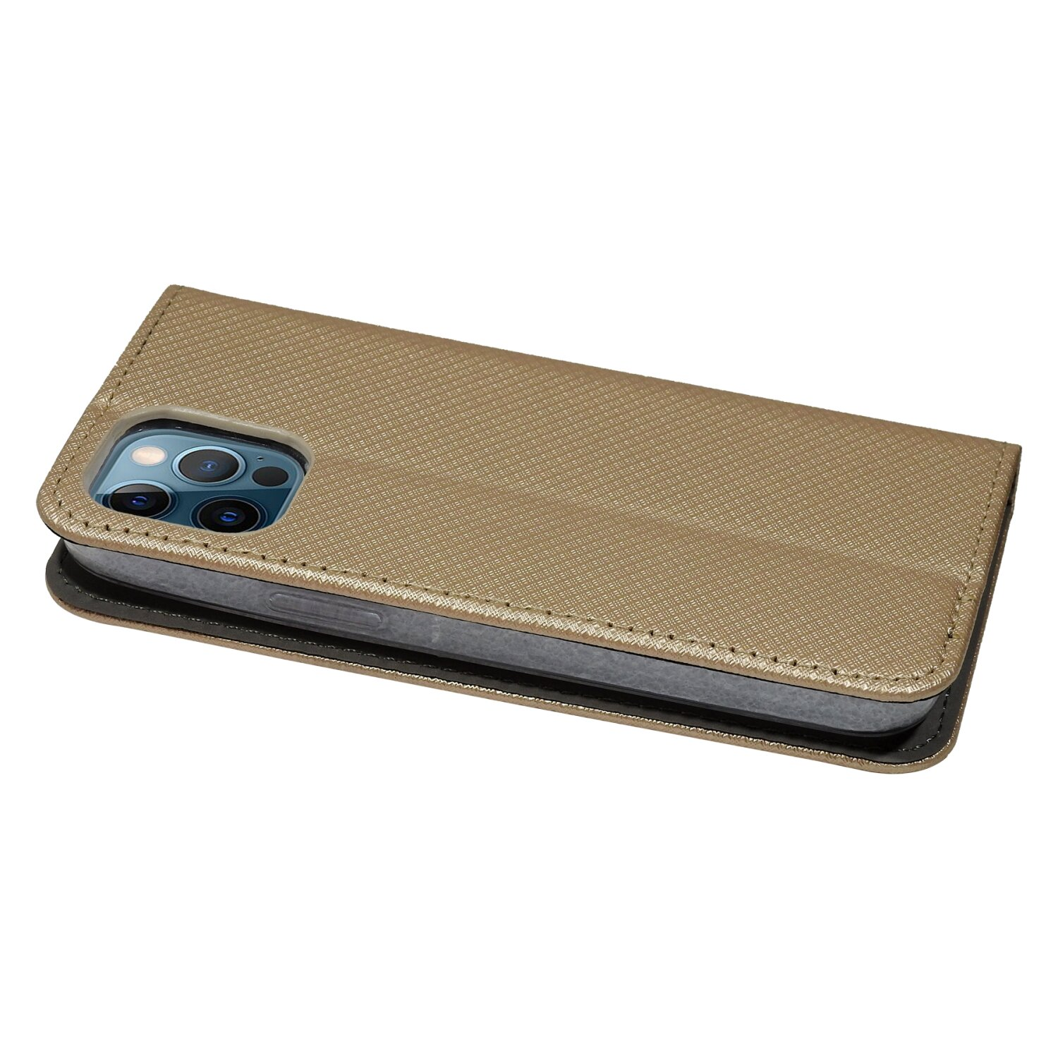 Eine goldene Handyhülle, offen, mit einem Telefon darin. Die Kamera ist sichtbar.