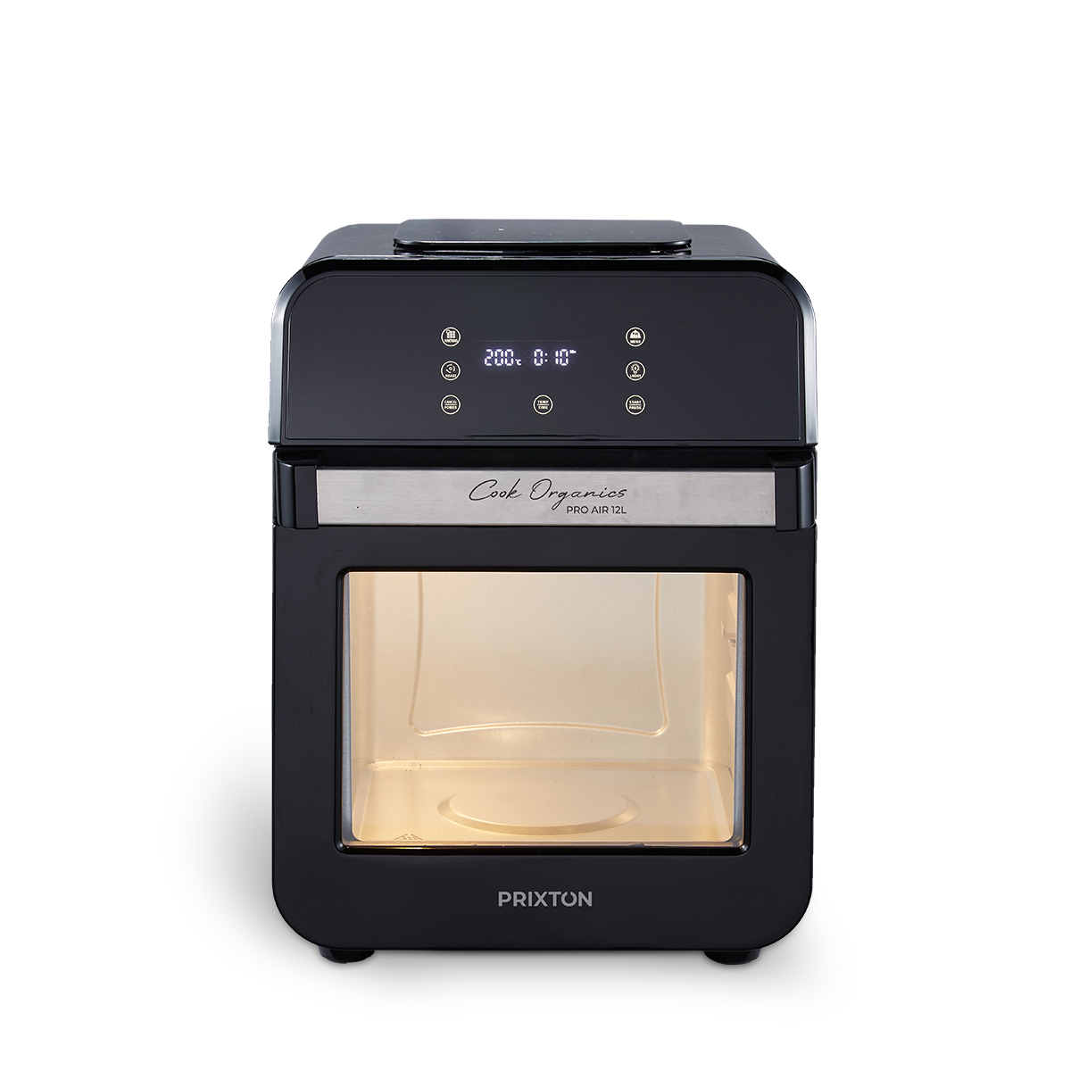 Friggitrice ad aria nera con display digitale e porta trasparente. Sfondo bianco.