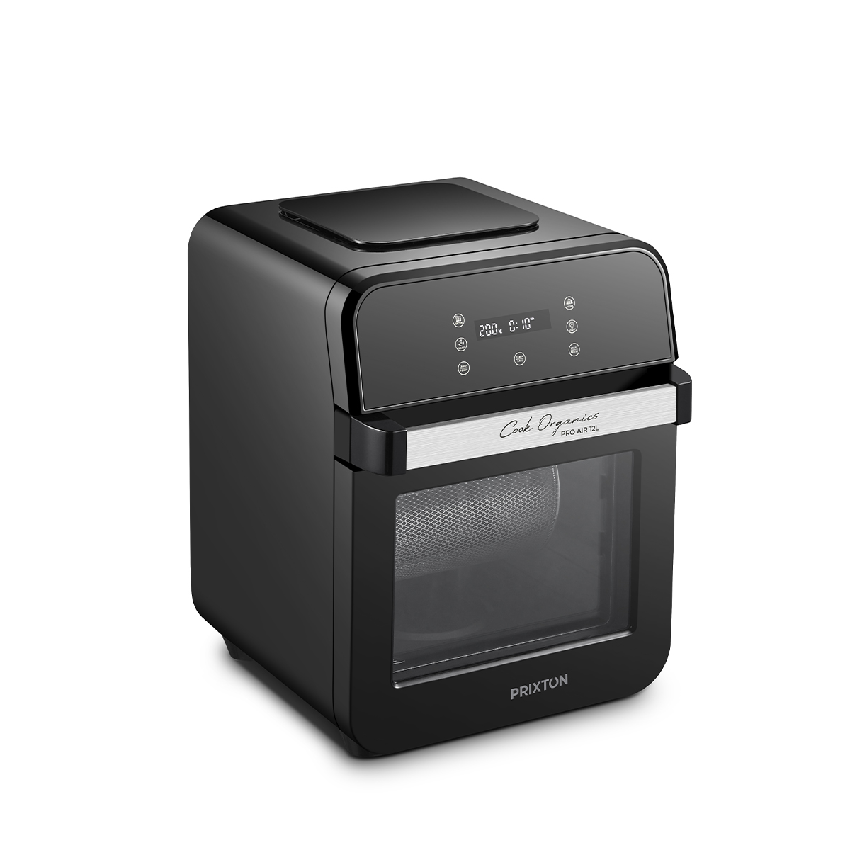 Una friggitrice ad aria nera con display digitale e finestra trasparente.