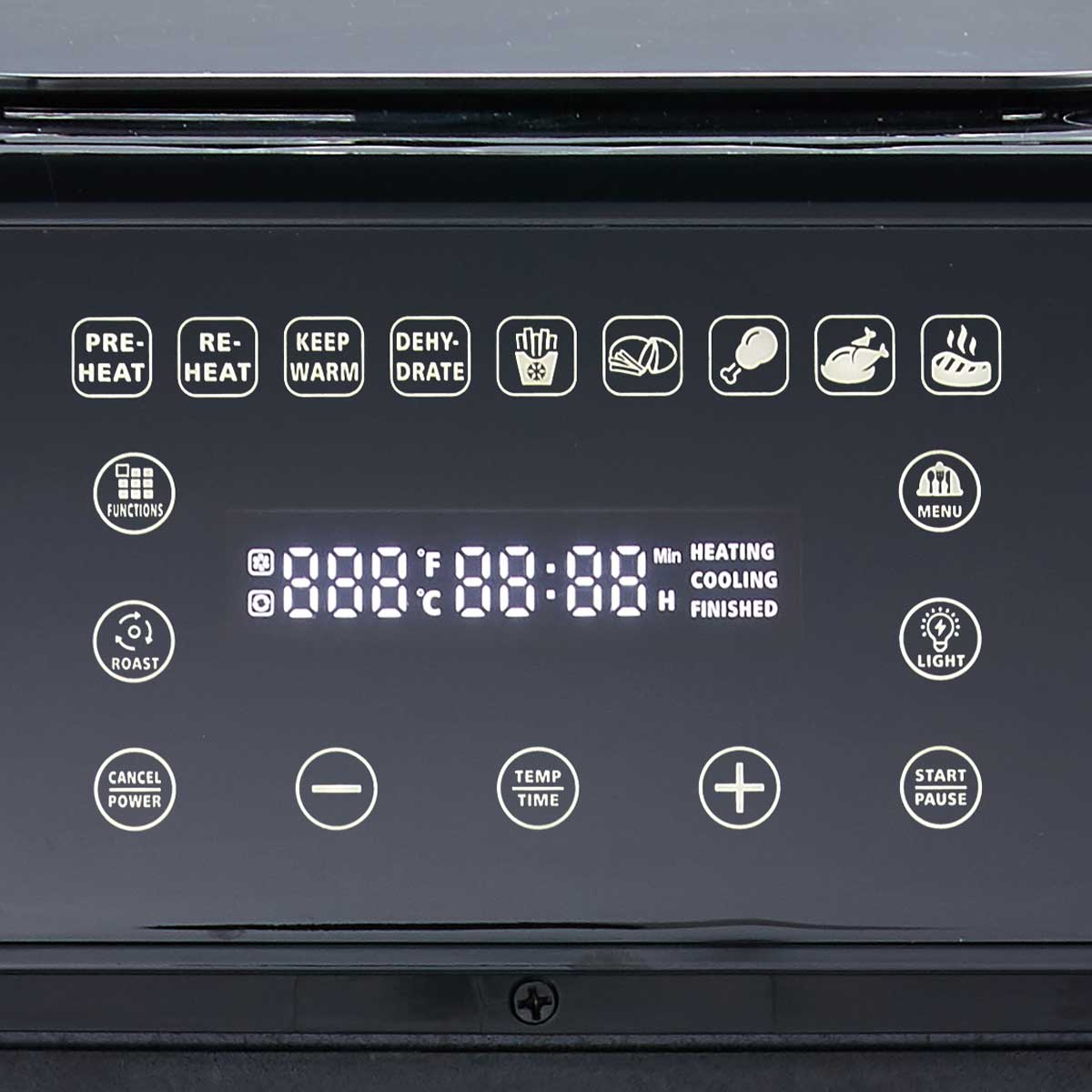 Pannello di controllo del forno nero con icone delle funzioni e display 888:88. Pulsanti per temperatura, tempo e potenza.