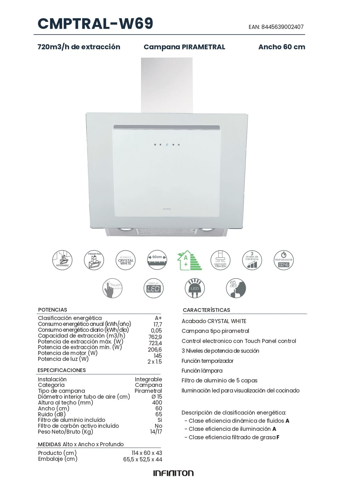 Campana extractora blanca con especificaciones y características. Incluye información del producto y un logotipo.