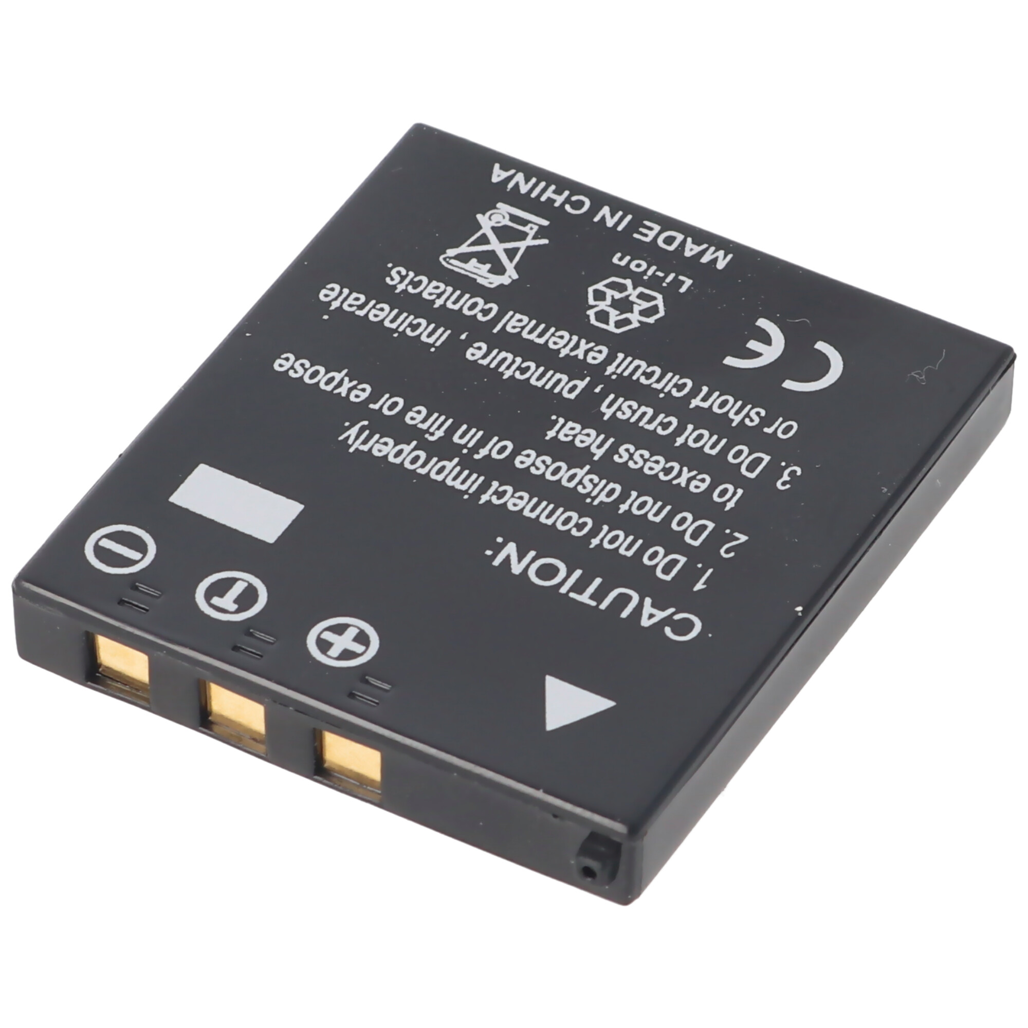 Eine schwarze Batterie mit Vorsichtsetiketten und Warnhinweisen.
