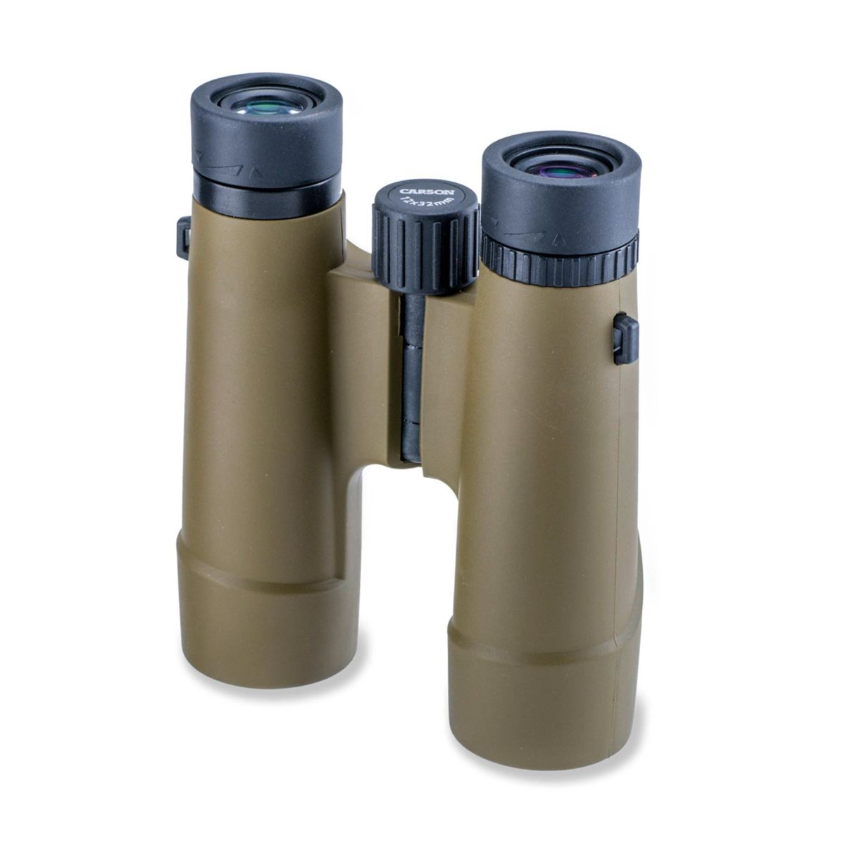 Lornetka khaki. Czarne soczewki i centralne pokrętło ostrości. Białe tło.