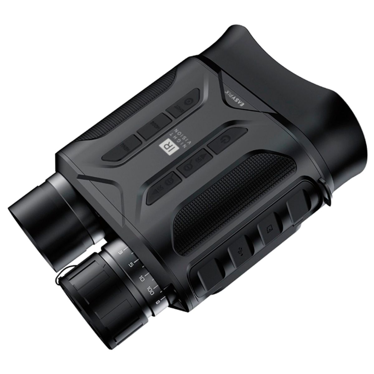 Binocolo per visione notturna nero con più pulsanti e quadranti, su sfondo bianco. C'è scritto 'IR Night Vision'.
