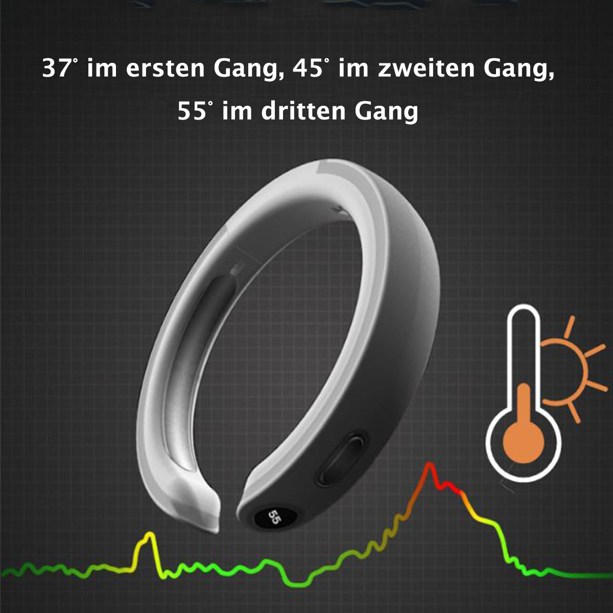 Ein Nackenmassagegerät mit Temperaturanzeige und Diagramm auf dunklem Hintergrund.