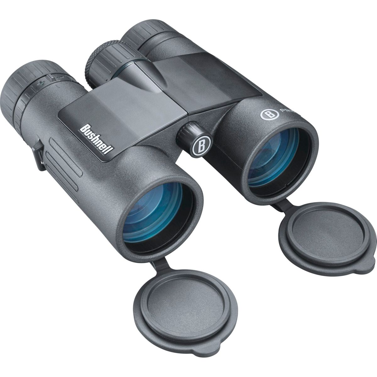 Binocolo Bushnell nero con tappi dell'obiettivo aperti. Contro uno sfondo bianco.