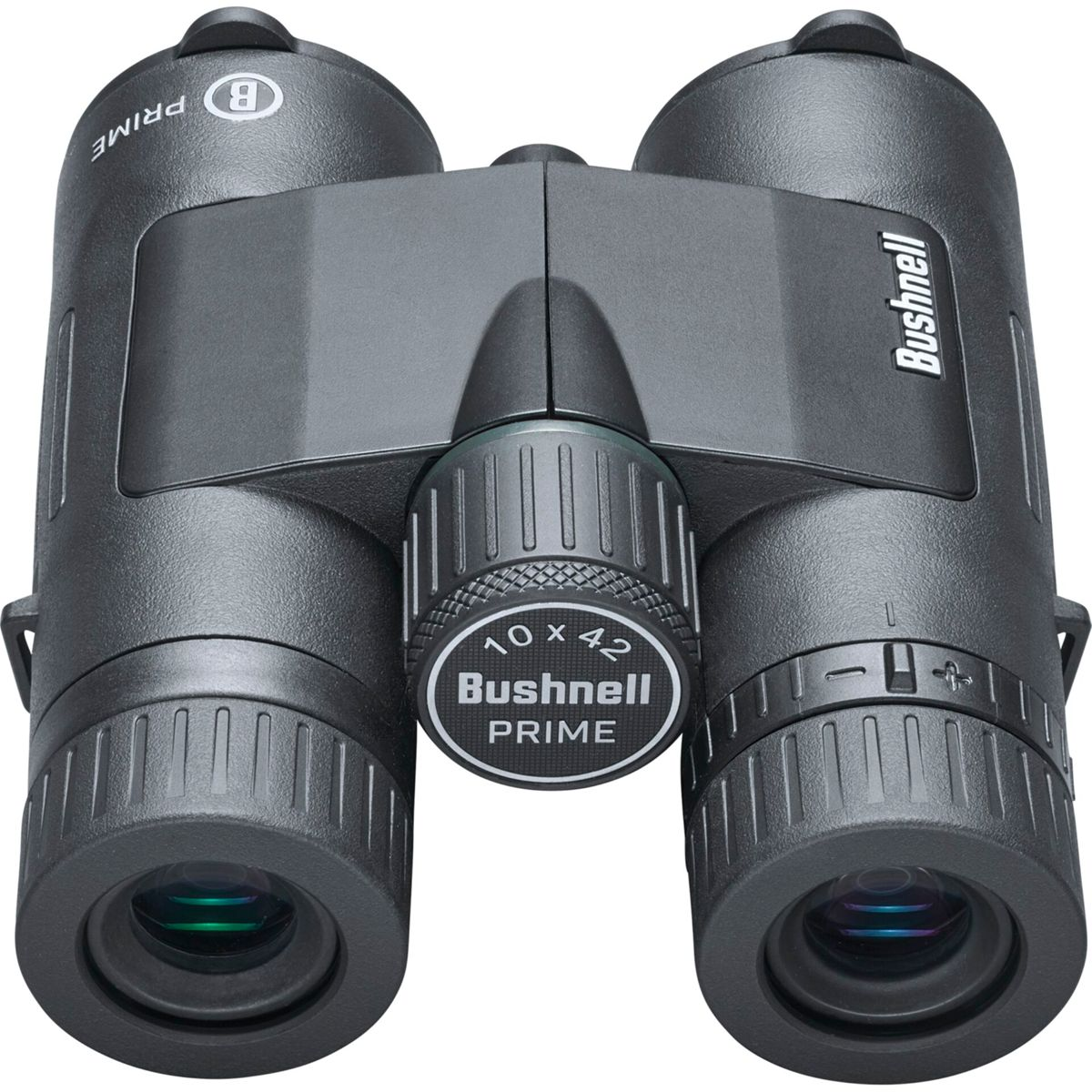 Binocolo nero con marchio Bushnell Prime. Ha rotella di messa a fuoco e lenti obiettivo. Sfondo nero.