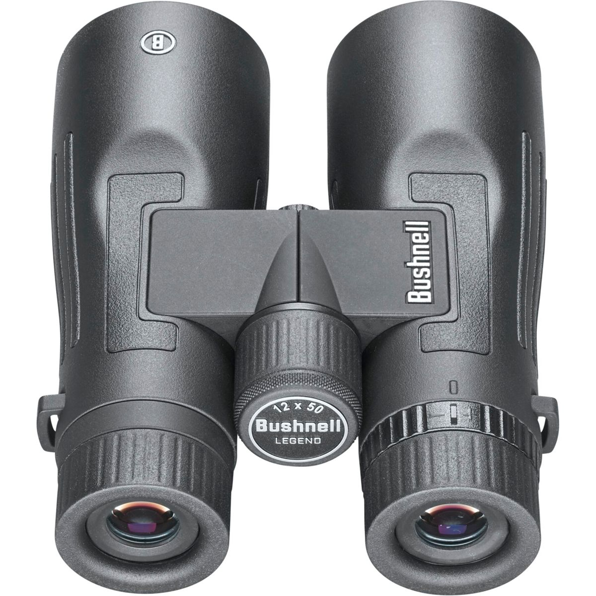 Binocolo Bushnell Legend nero con manopola di messa a fuoco centrale e copriobiettivo.