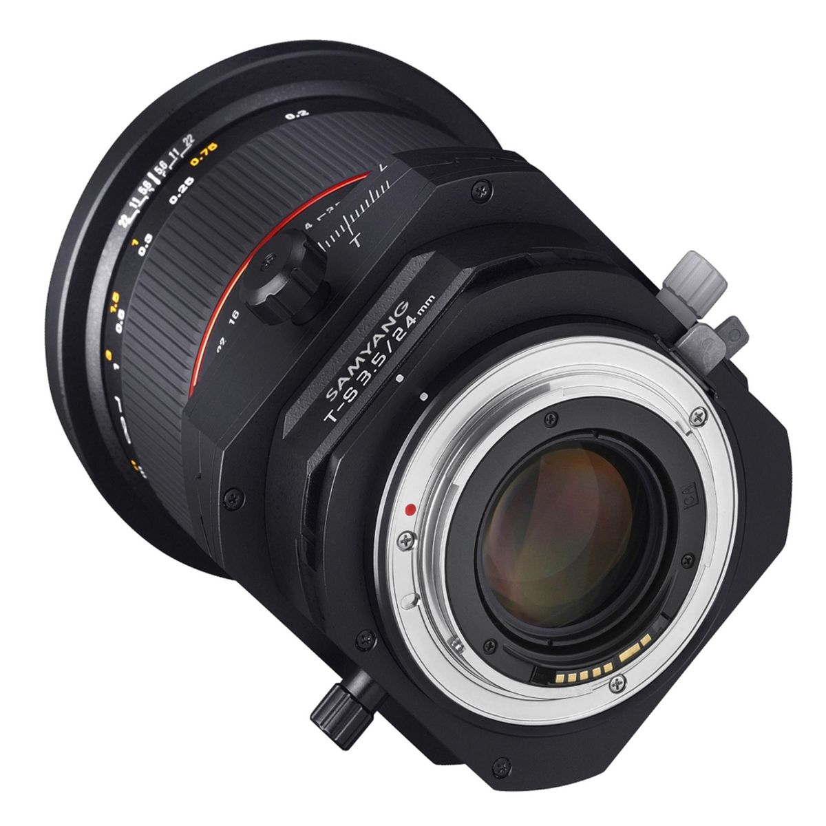 Czarny obiektyw aparatu. Ma wiele pokręteł, oznaczeń i czerwoną kropkę. Obiektyw jest na białej powierzchni.