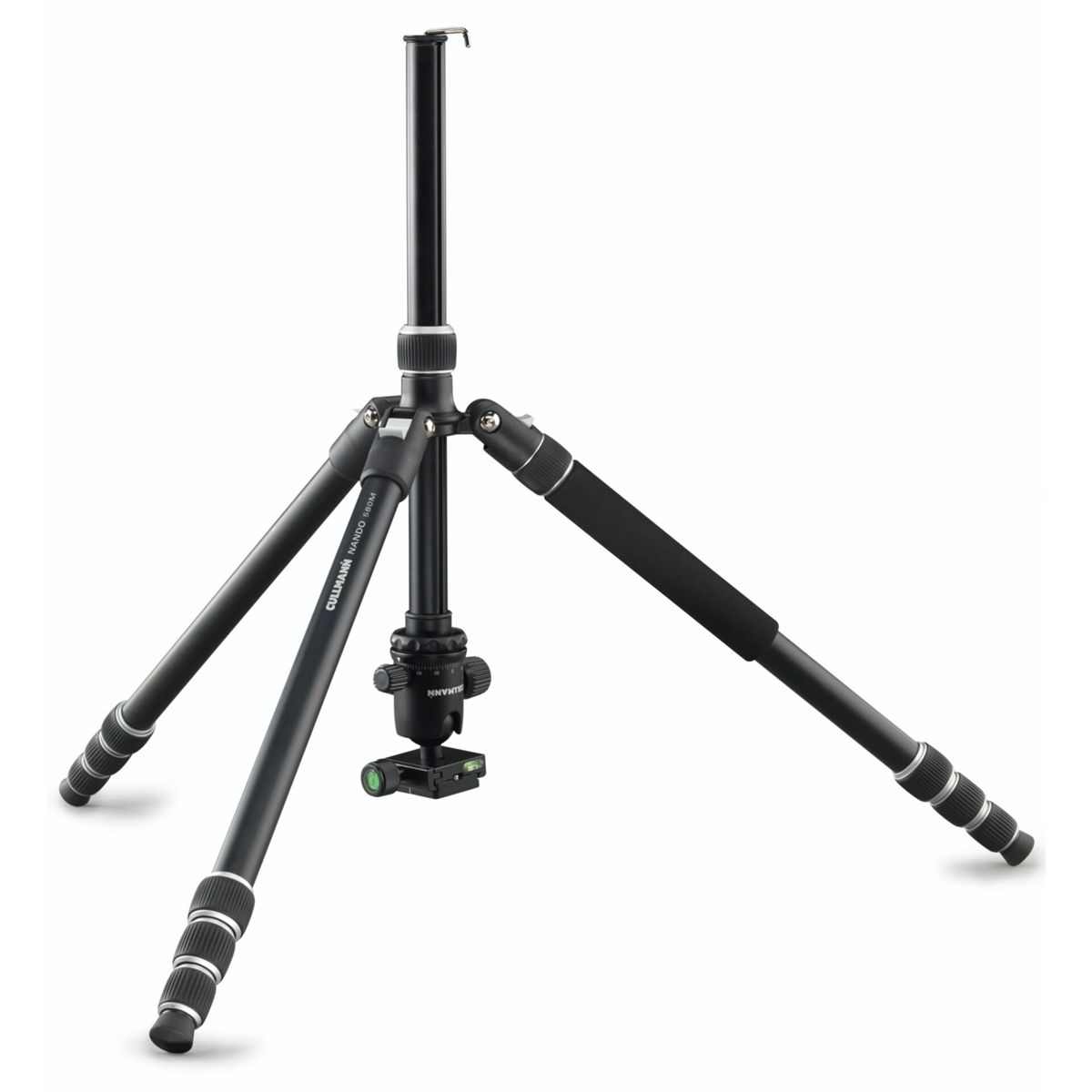 Trípode negro con tres patas, una cabeza y una columna central.