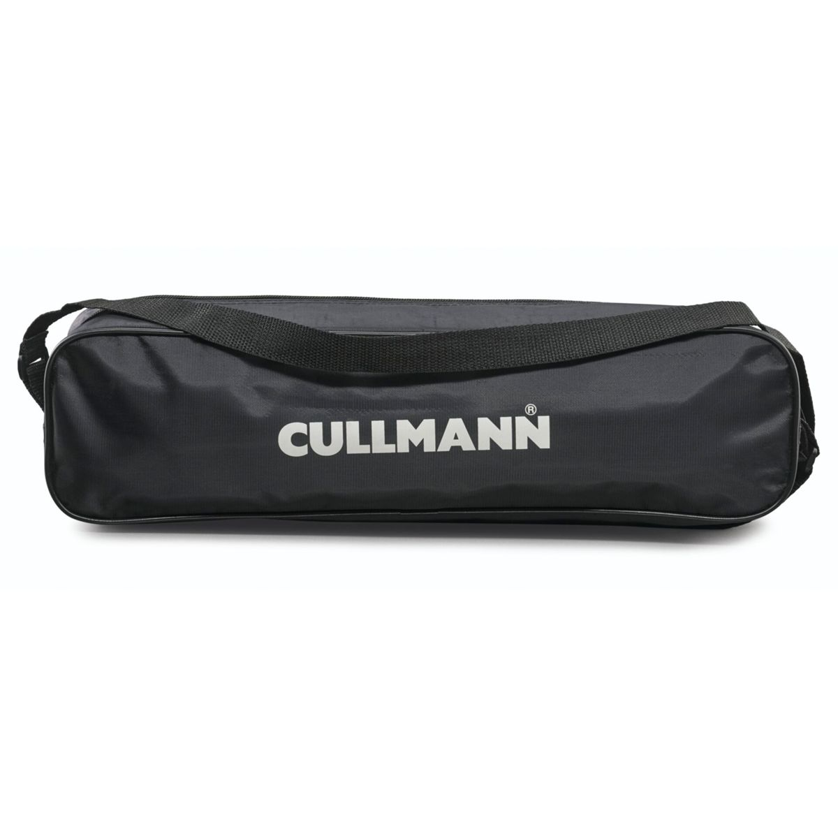Bolsa negra con texto blanco 'CULLMANN'. Tiene bandolera, es larga y cilíndrica.