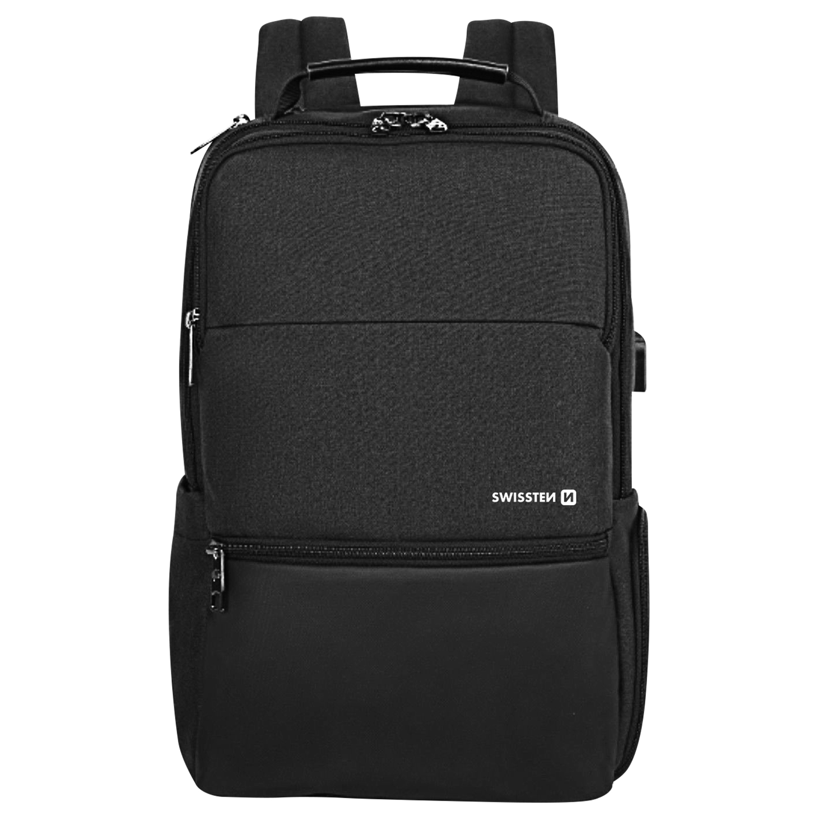 Ein schwarzer Rucksack mit Reißverschluss und dem Wort SWISSTEN. Er hat eine Vordertasche und Schultergurte.