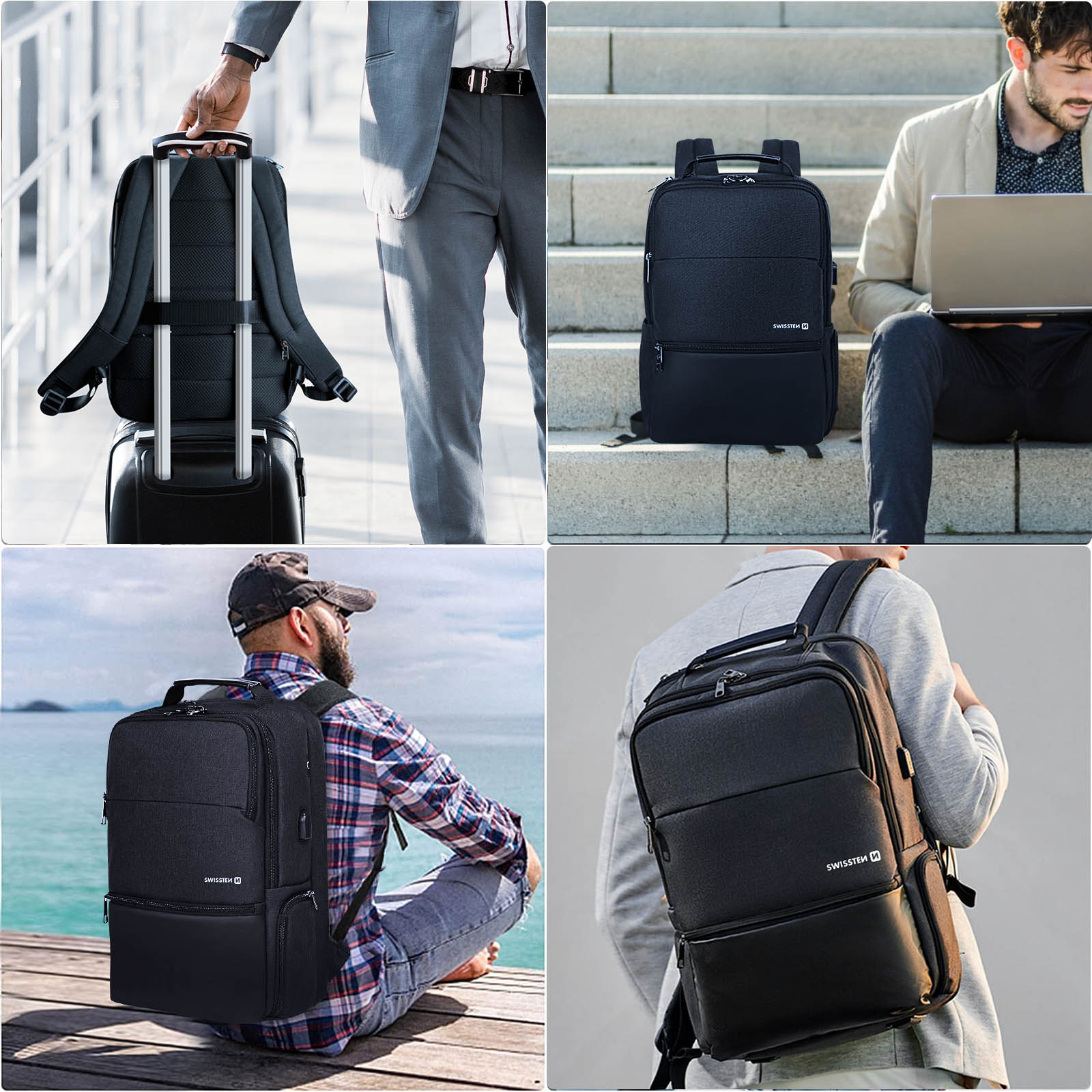 Vier Bilder von schwarzen Swisssten-Rucksäcken. Leute tragen Rucksäcke, einer mit Koffer, einer auf Treppen, einer sitzt.