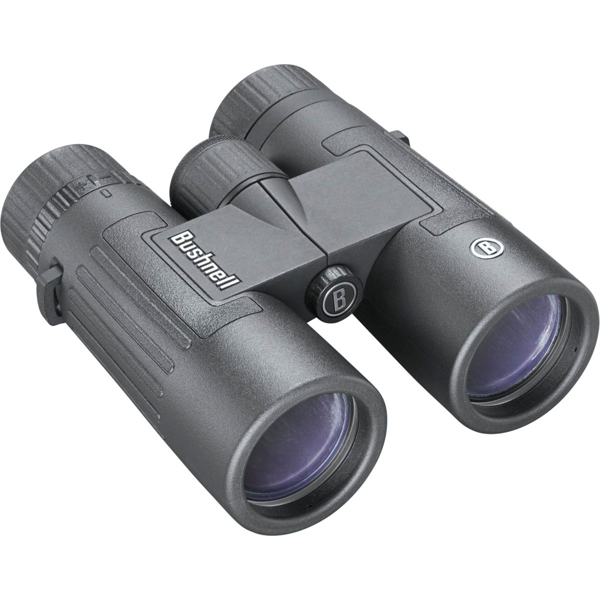 Czarna lornetka z szarą częścią środkową i napisem "Bushnell" z boku.