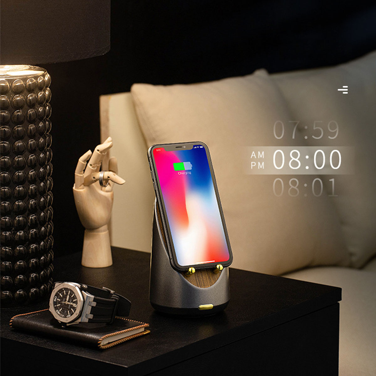 BRIGHTAKE Revolutionary 15W Wireless Charging Induction Speaker Alarm Bluetooth-Lautsprecher, Braun Clock