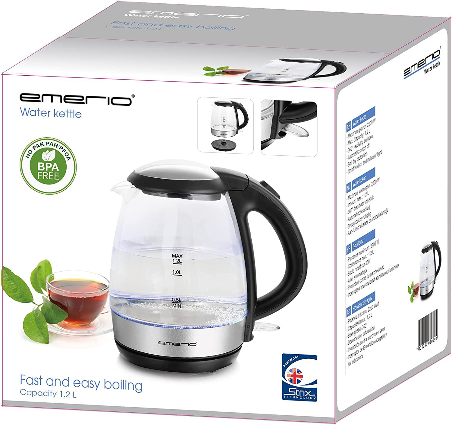 Glass electric kettle with black handle and lid. Box shows kettle and features. White background.