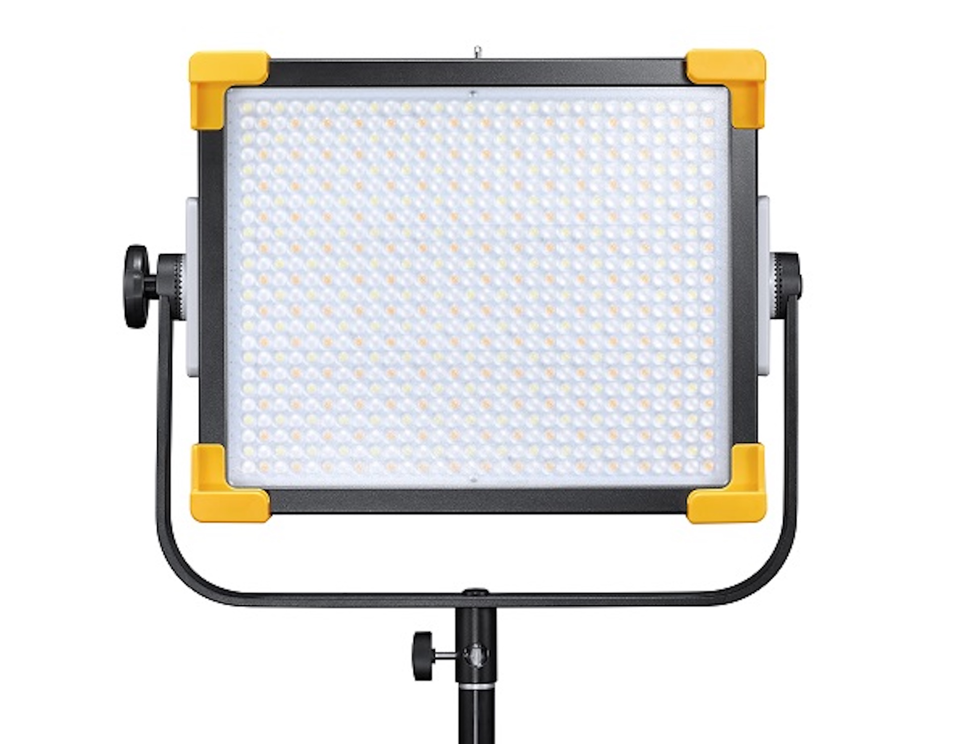 Panneau lumineux LED rectangulaire avec accents d'angle jaunes, monté sur un support, isolé sur fond blanc.