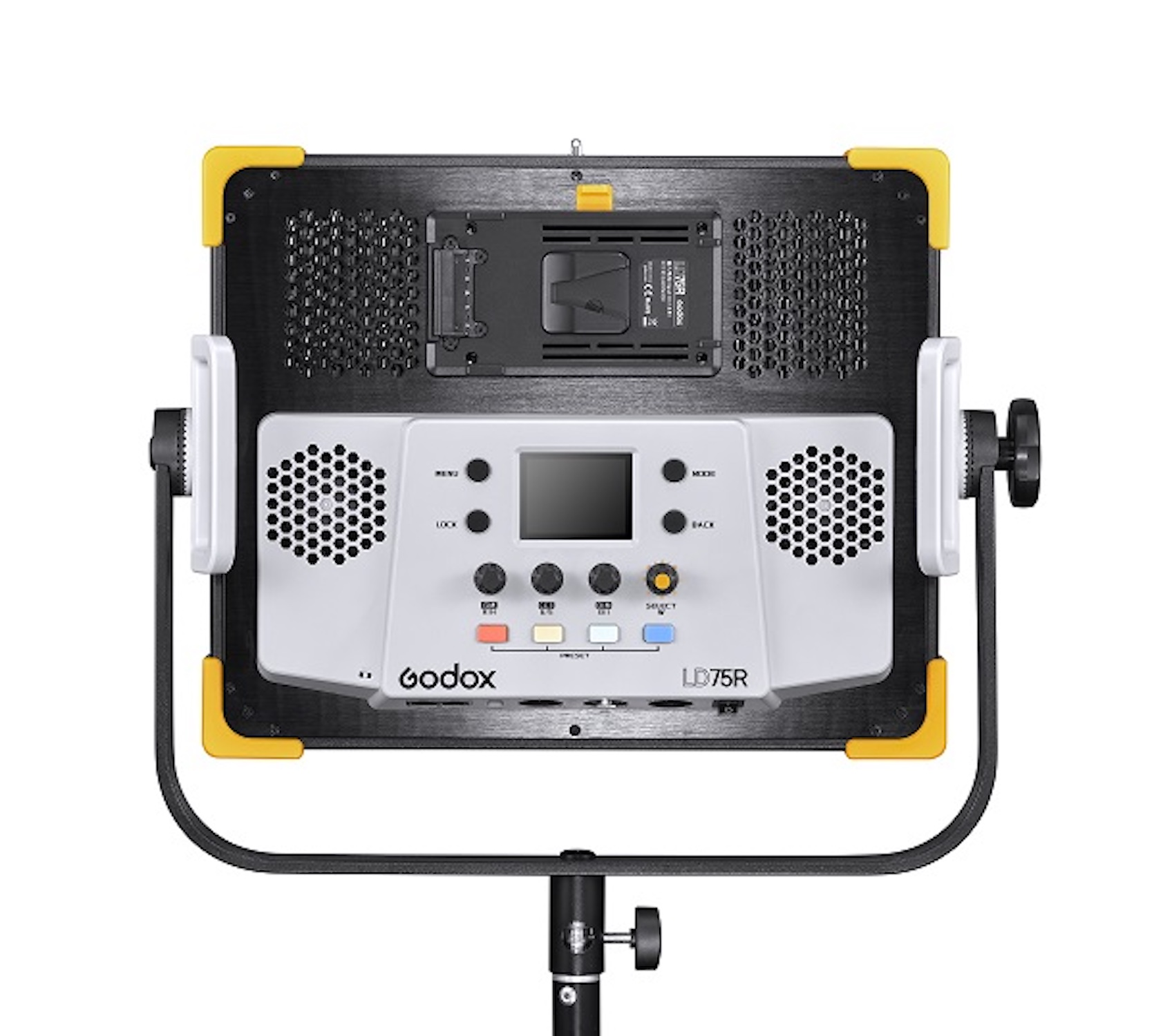 Un panneau lumineux LED Godox LD75R avec un panneau de contrôle et un pied de lumière.