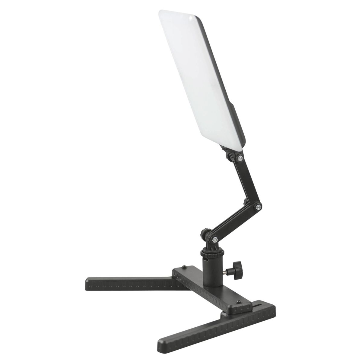 Schwarzes LED-Licht auf einem Ständer. Das Licht ist verstellbar und nach oben gerichtet. Weißer Hintergrund.