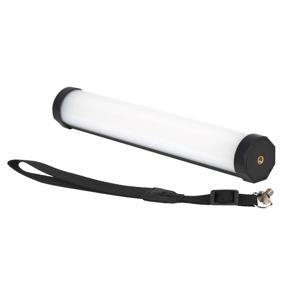 Ein weißer Lichtstab und eine schwarze Handschlaufe auf weißem Hintergrund.