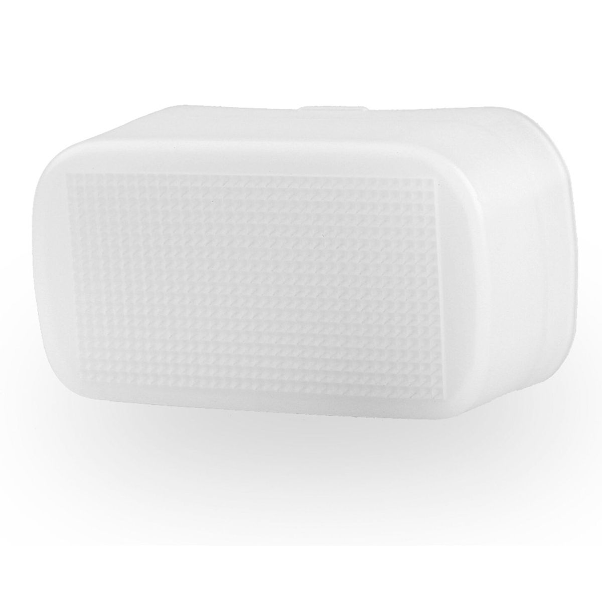 Un diffuseur de flash blanc. Le diffuseur est rectangulaire avec une surface texturée sur le devant.