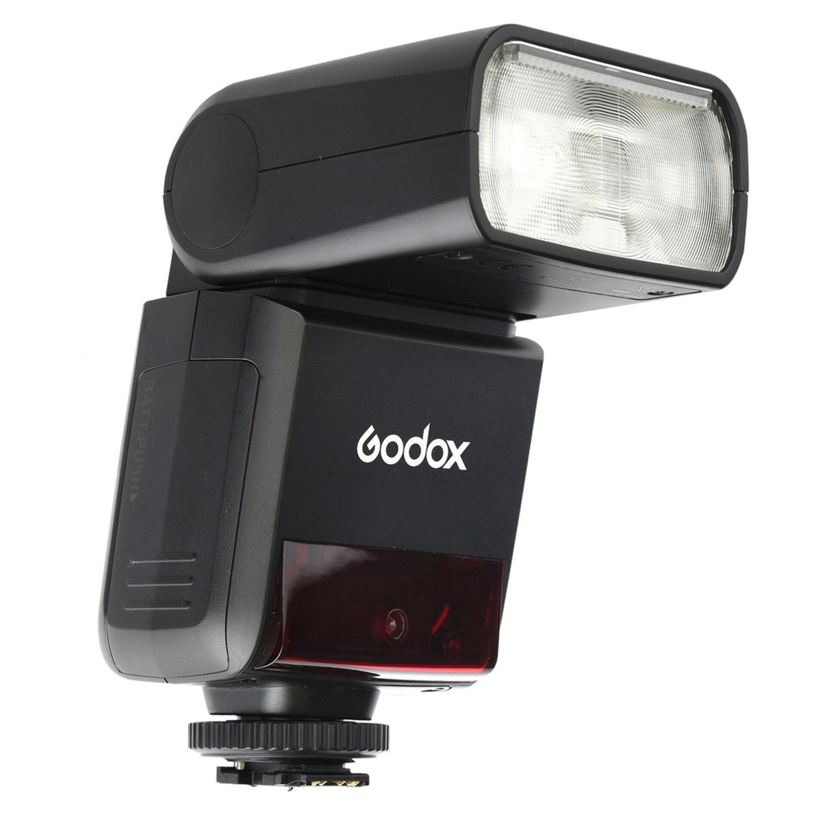 Flash Godox noir avec lumière blanche et capteur rouge, sur fond blanc.