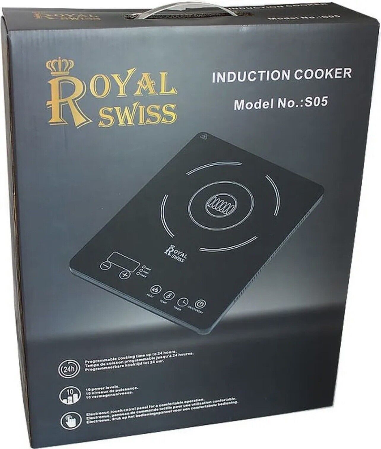 Schwarzer Royal Swiss Induktionskochfeld-Karton, schwarze Oberseite, weißer Text und ein Griff oben.