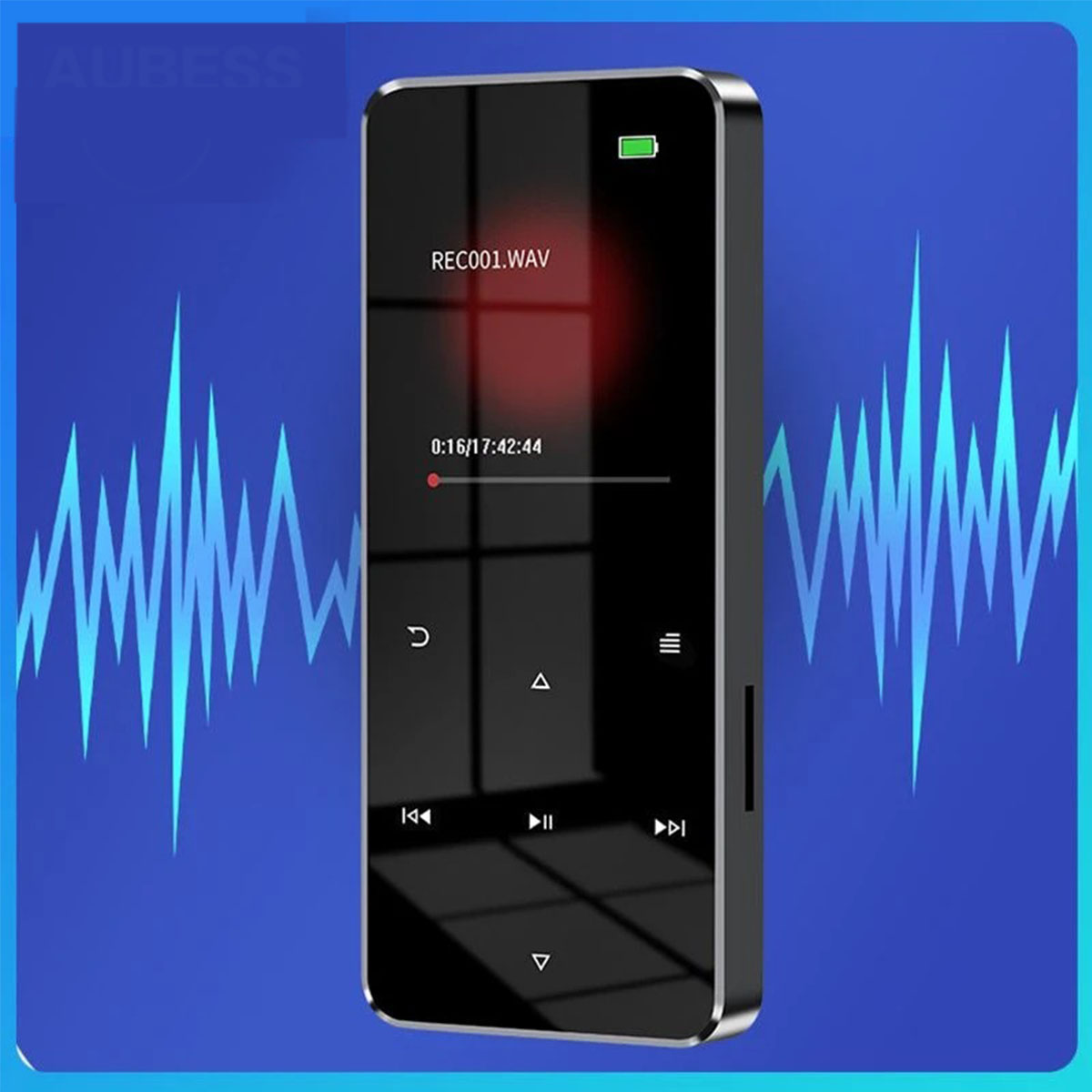 Schwarzes digitales Diktiergerät mit Display, das eine Wellenform und Aufnahmezeit anzeigt.